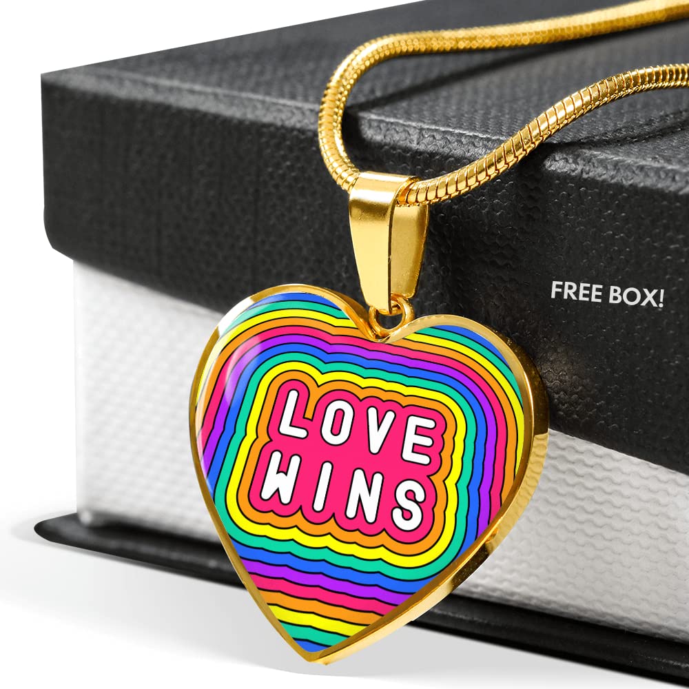 Custom Love Wins Pride Necklace - Heart Pendant with Gift Box | Rainbow LGBTQ+ Jewelry for Pride Month, Couples & Allies - Perfect for Pride Parades, Weddings & Anniversary Gifts