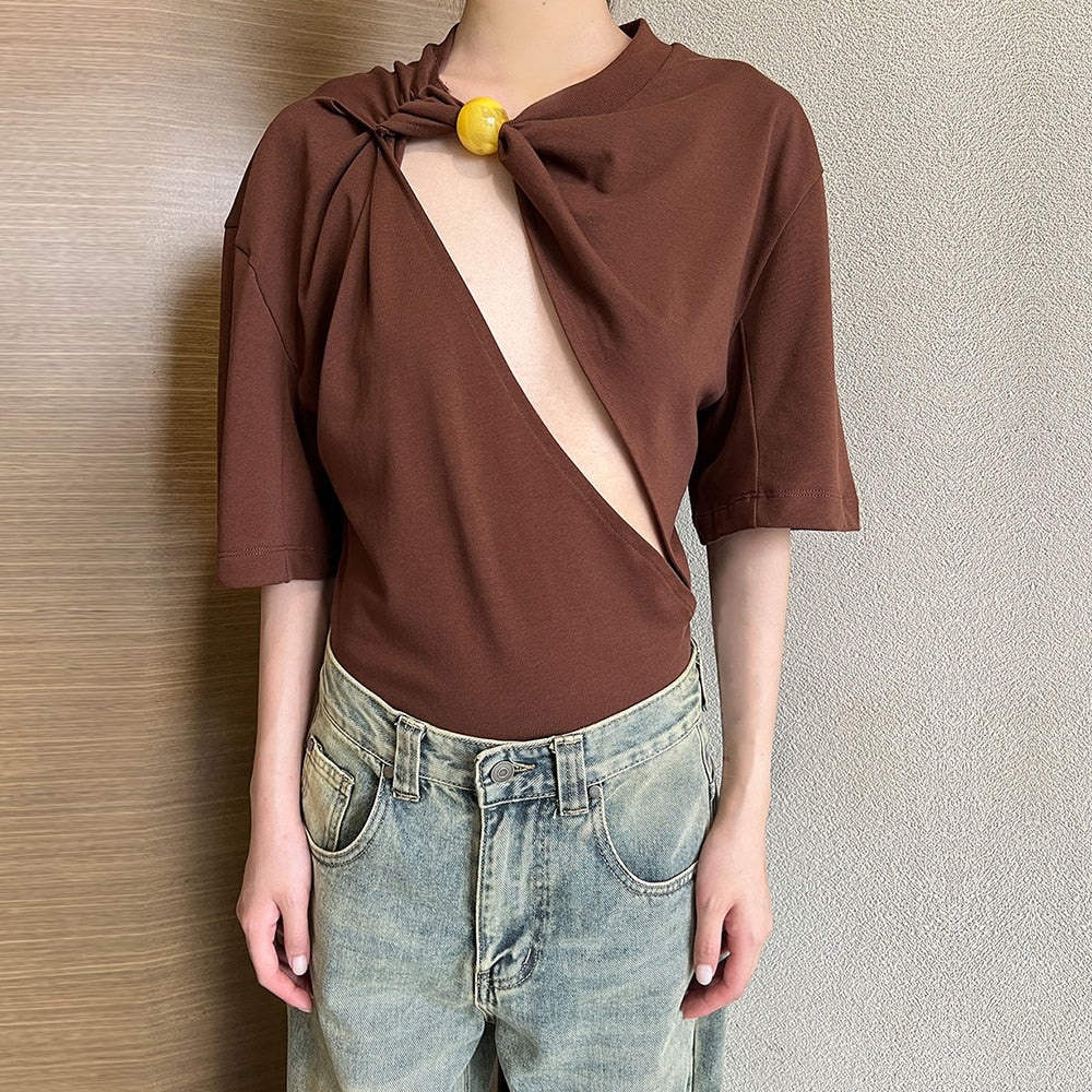 Women's Asymmetrical Minimalist T-Shirt - Diagonal Collar Half Sleeve Loose Fit Summer Top | Casual Wear, Street Fashion & Everyday Outfits