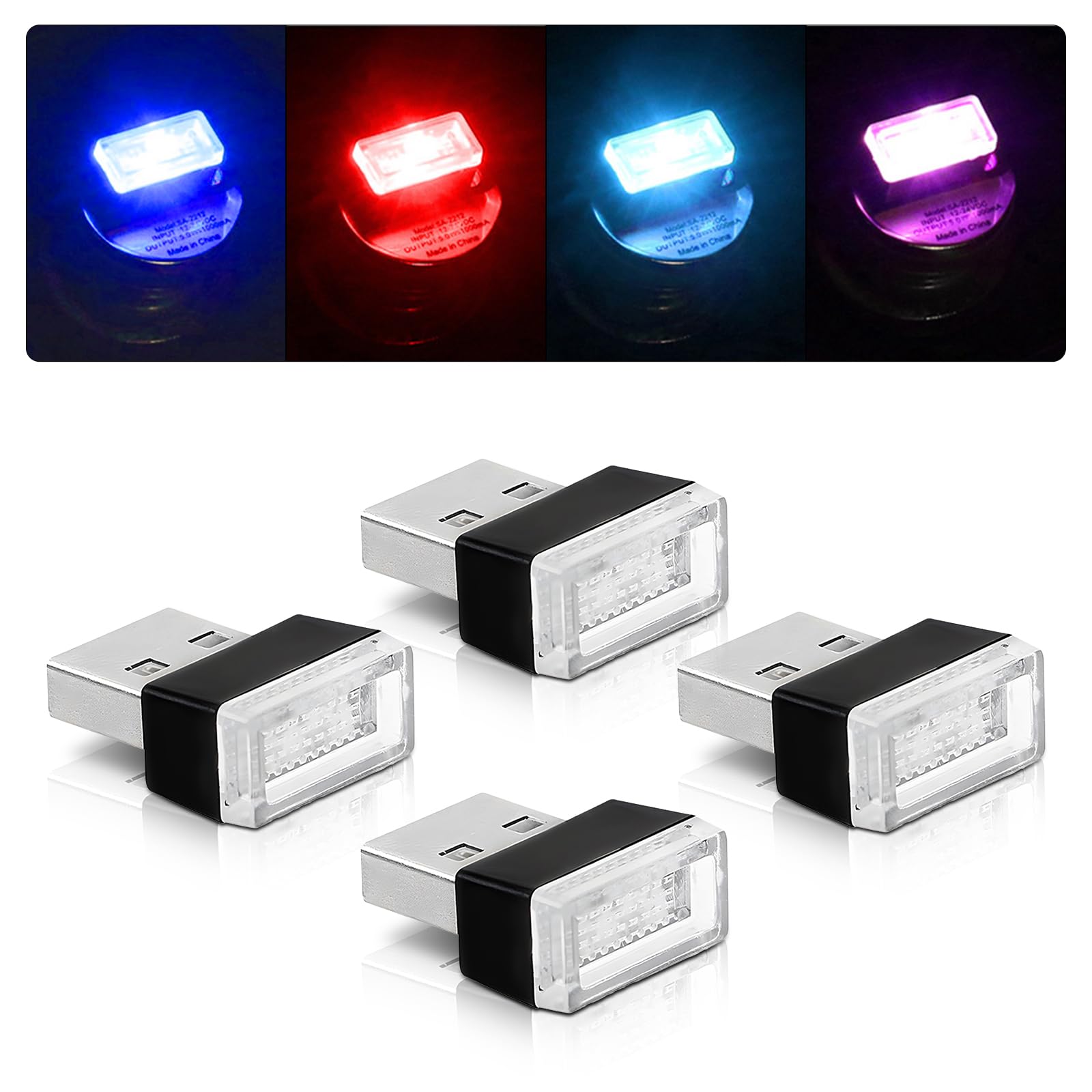 4PCS USB LED Car Interior Lights - Mini Plug-in Auto Atmosphere Lamps, Universal Car Interior Accessories USB Night Lights (Purple/Blue/Red/Ice Blue) - Perfect for Car Decoration, Mood Lighting & Night Driving Safety