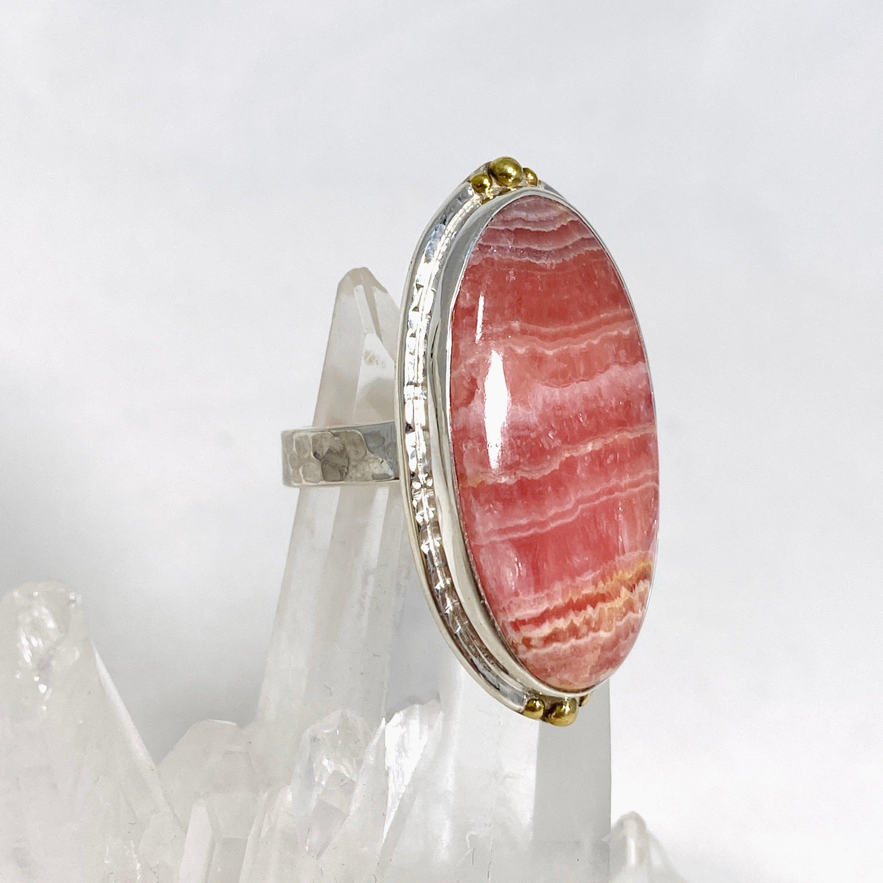 Rhodochrosite Oval Ring with Brass Accents - Size 10 Women's Jewelry KRGJ3166 | Elegant Gift for Valentine's Day, Anniversary & Special Occasions