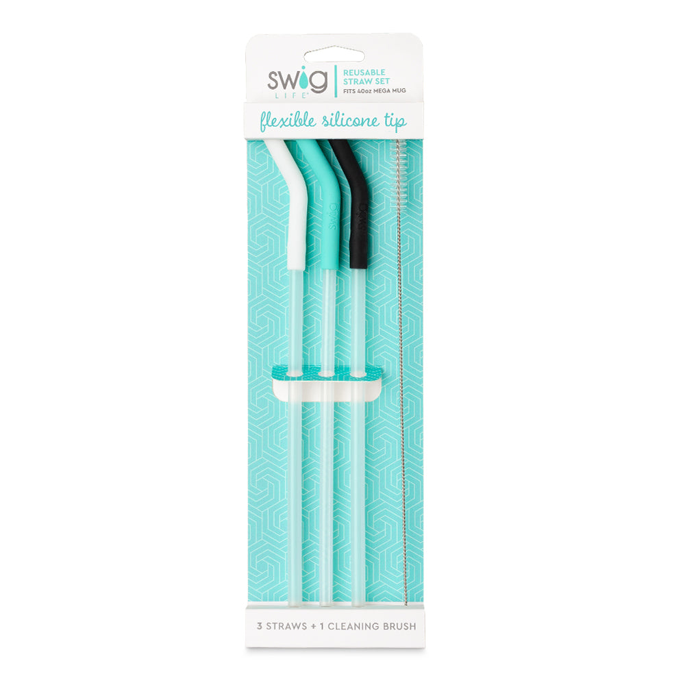Eco-Friendly Reusable Straw Set - White/Aqua/Black Mega Mugs for Smoothies, Iced Coffee & Cocktails | BPA-Free Silicone Drinking Straws for Home, Office & Travel