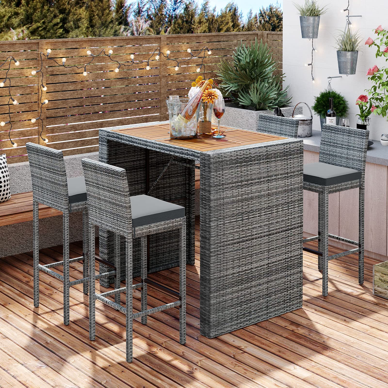 5-Piece Wicker Outdoor Bar Set with 4 Cushioned Stools & Acacia Wood Table - Patio, Backyard, Garden, Poolside High-Top Dining Set (Grey) - Perfect for Outdoor Entertaining, BBQs, and Relaxing by the Pool