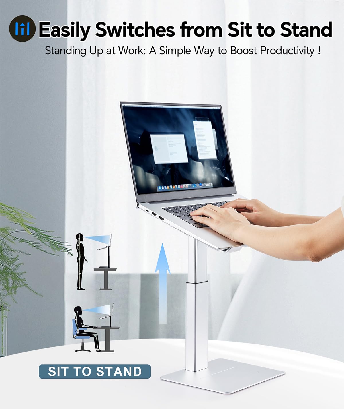 Adjustable Laptop Stand for Desk - Ergonomic Sit to Stand Riser for 13-16.5 Inch Laptops (MacBook Compatible) - Silver | Perfect for Home Office, Gaming & DJ Workstations
