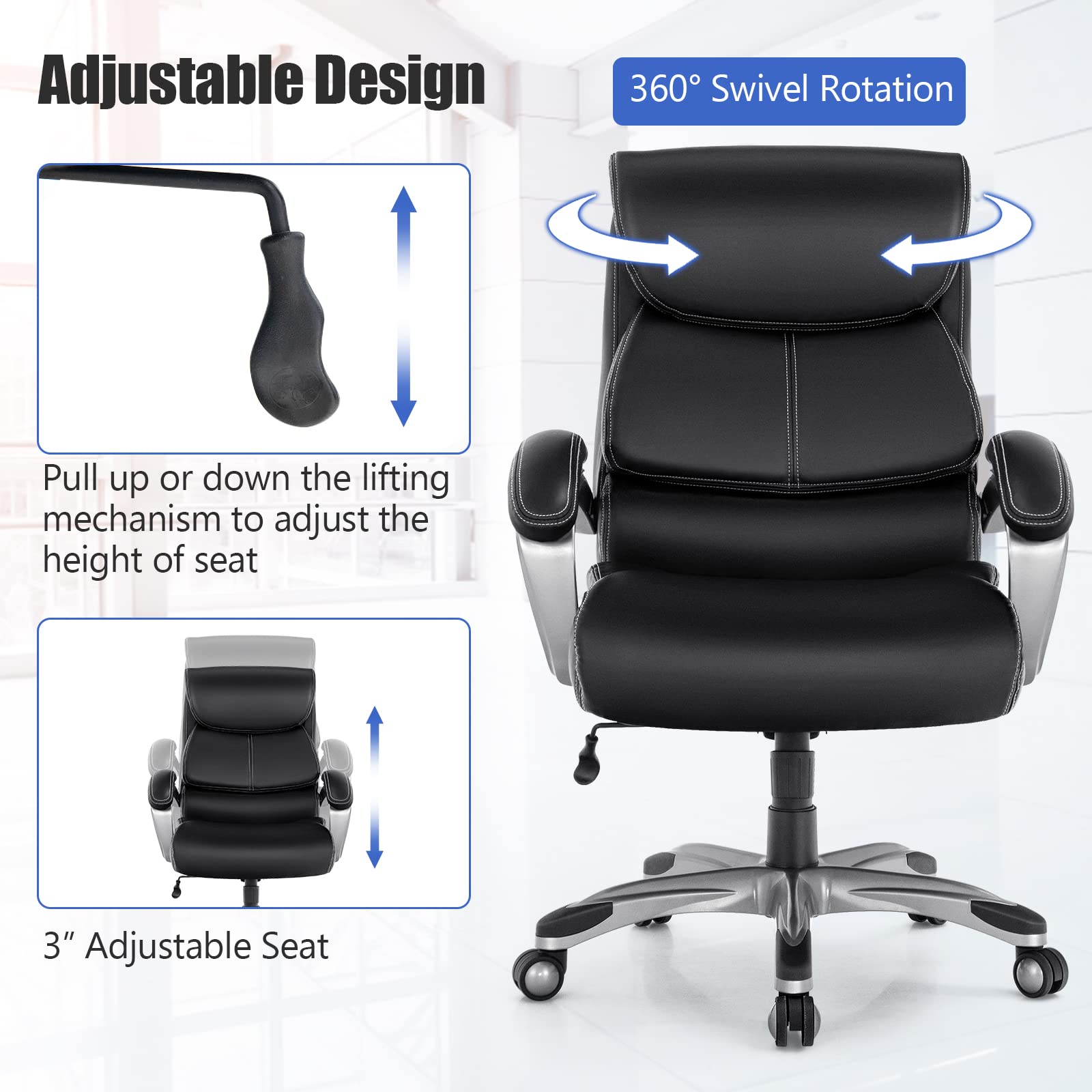 **POWERSTONE Big and Tall Office Chair 400lbs - Ergonomic PU Leather Executive Chair with Adjustable Height, Lumbar Support & Swivel Wheels - Heavy Duty Computer Desk Chair for Home & Office, Black**    *(Perfect for Long Work Hours, Gaming, or Conference Rooms – Supports Up to 400lbs for Maximum Comfort & Durability)*