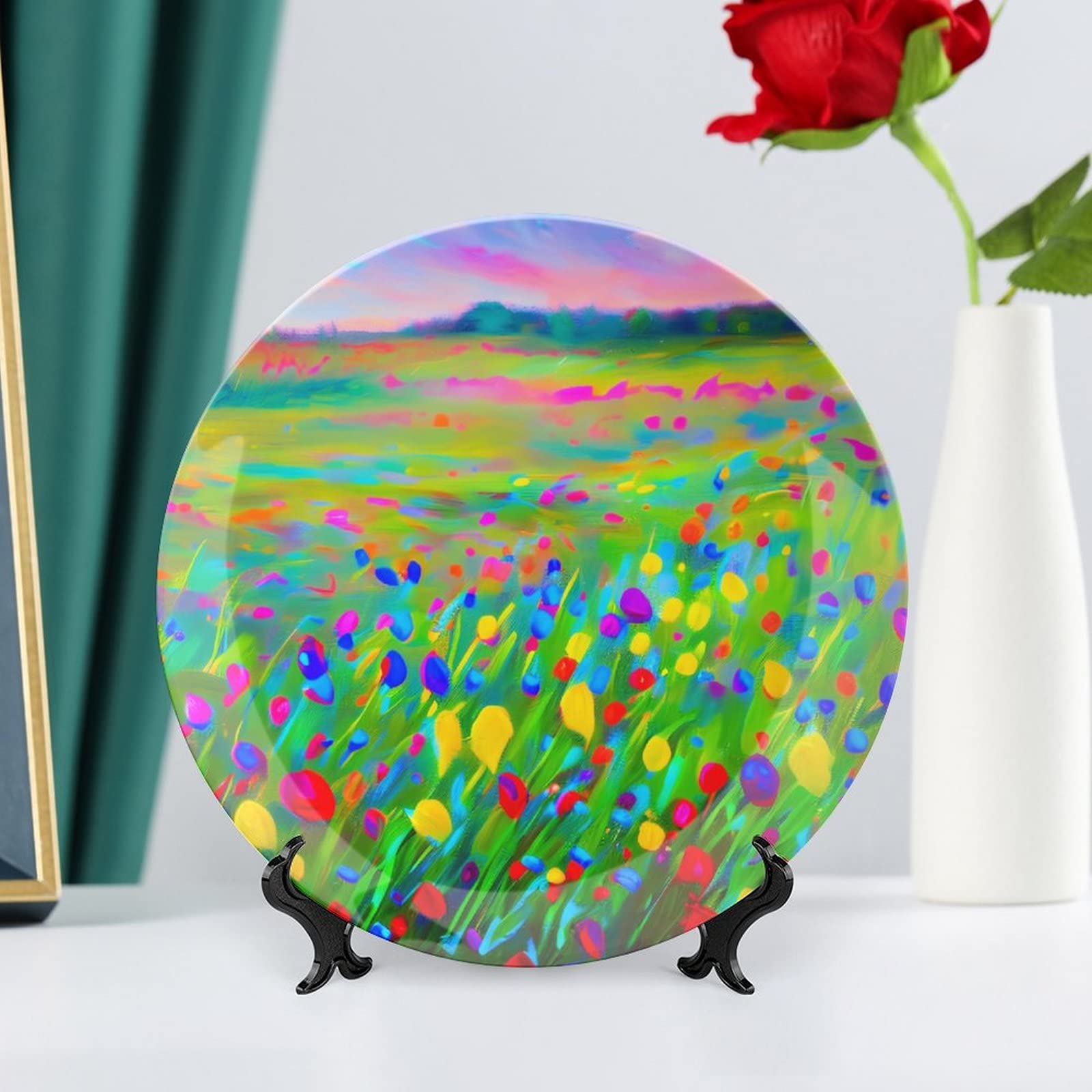 10 Inch Decorative Ceramic Plates with Stand - Wildflower Impressionism Painting Tray for Table Display, Elegant Home Decor for Living Room & Dining Room | Perfect Housewarming Gift for Home & Party Decorations