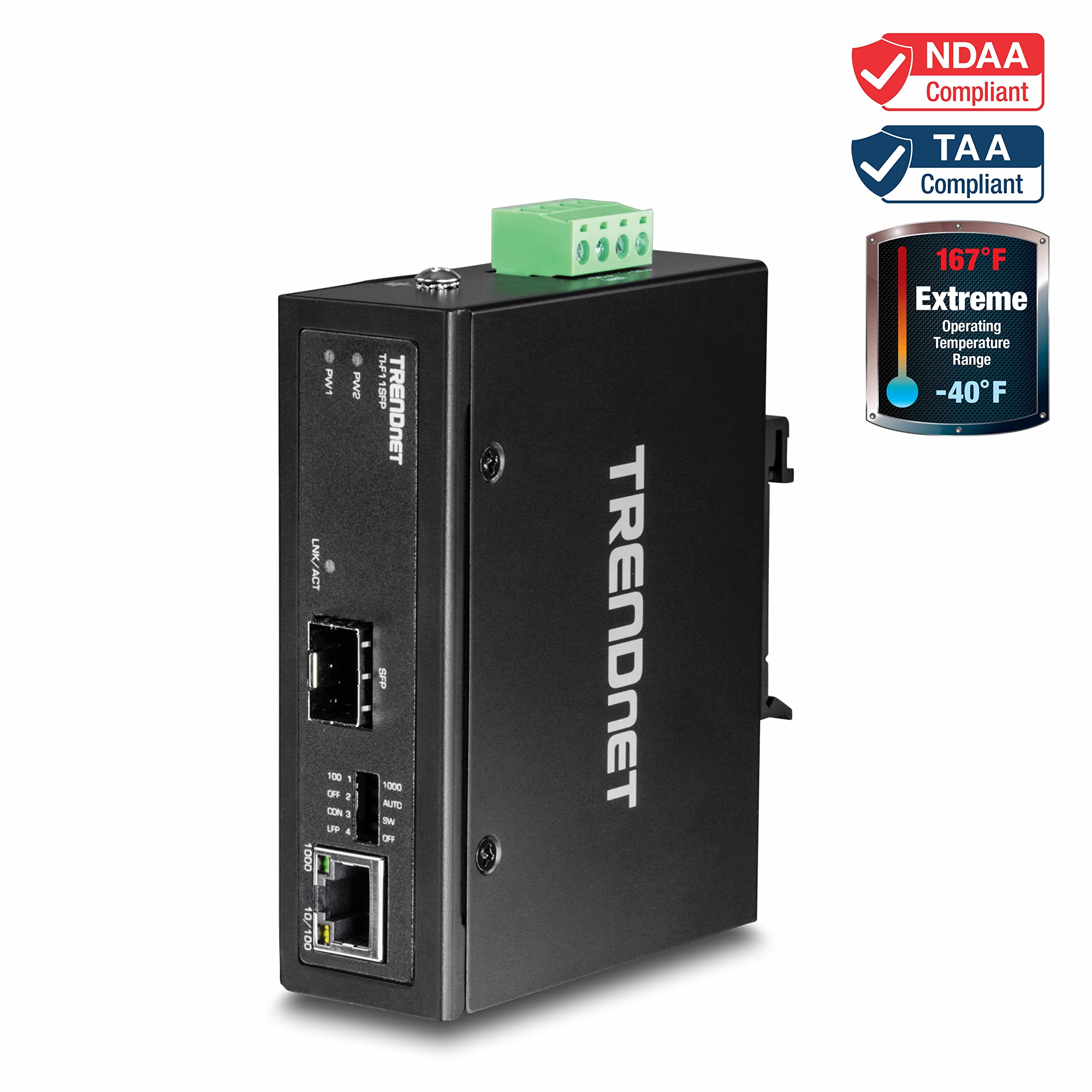 TRENDnet Industrial 1000Mbps Ethernet to SFP Media Converter | DIN-Rail & Wall Mountable | Supports Multi/Single Mode Fiber | for Harsh Environments & Industrial Networks | Power Supply Sold Separately | Black (TI-F11SFP) | Perfect for Factory Automation, SCADA Systems & Outdoor Networking