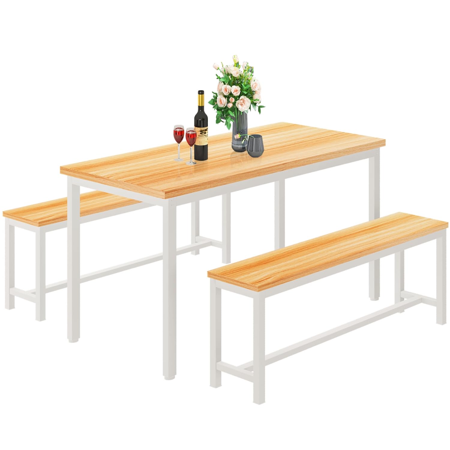Hooseng 4-Person Dining Table Set with 2 Benches - 47 Inch Space-Saving Kitchen Table & Chairs for Small Families - Heavy Duty Sturdy Metal Frame in Beige - Perfect for Breakfast Nooks, Small Kitchens, and Cozy Dining Areas