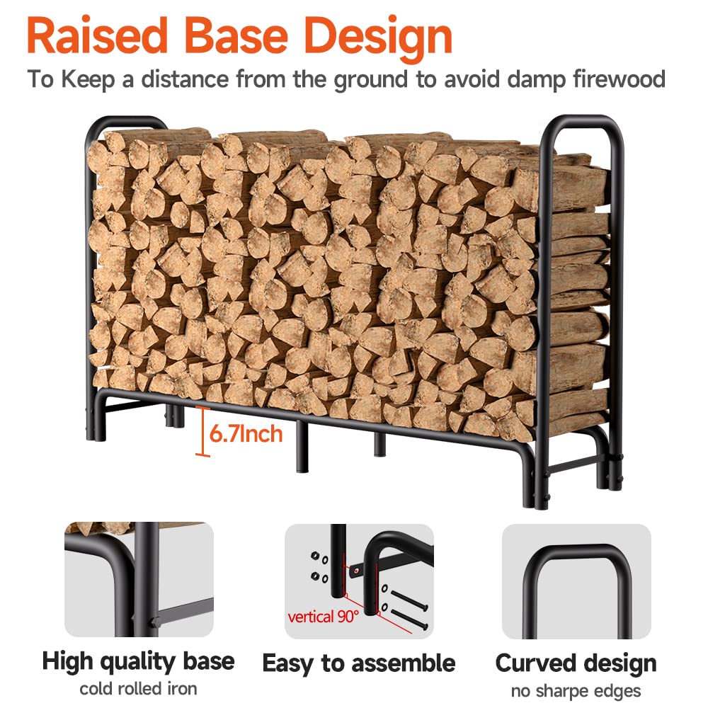 AMAGABELI Heavy-Duty 6ft Outdoor Firewood Rack with Waterproof Cover - Log Holder for Fireplace, Fire Pit & Wood Storage - Durable Black Steel Firewood Organizer for Patio, Backyard & Camping Use