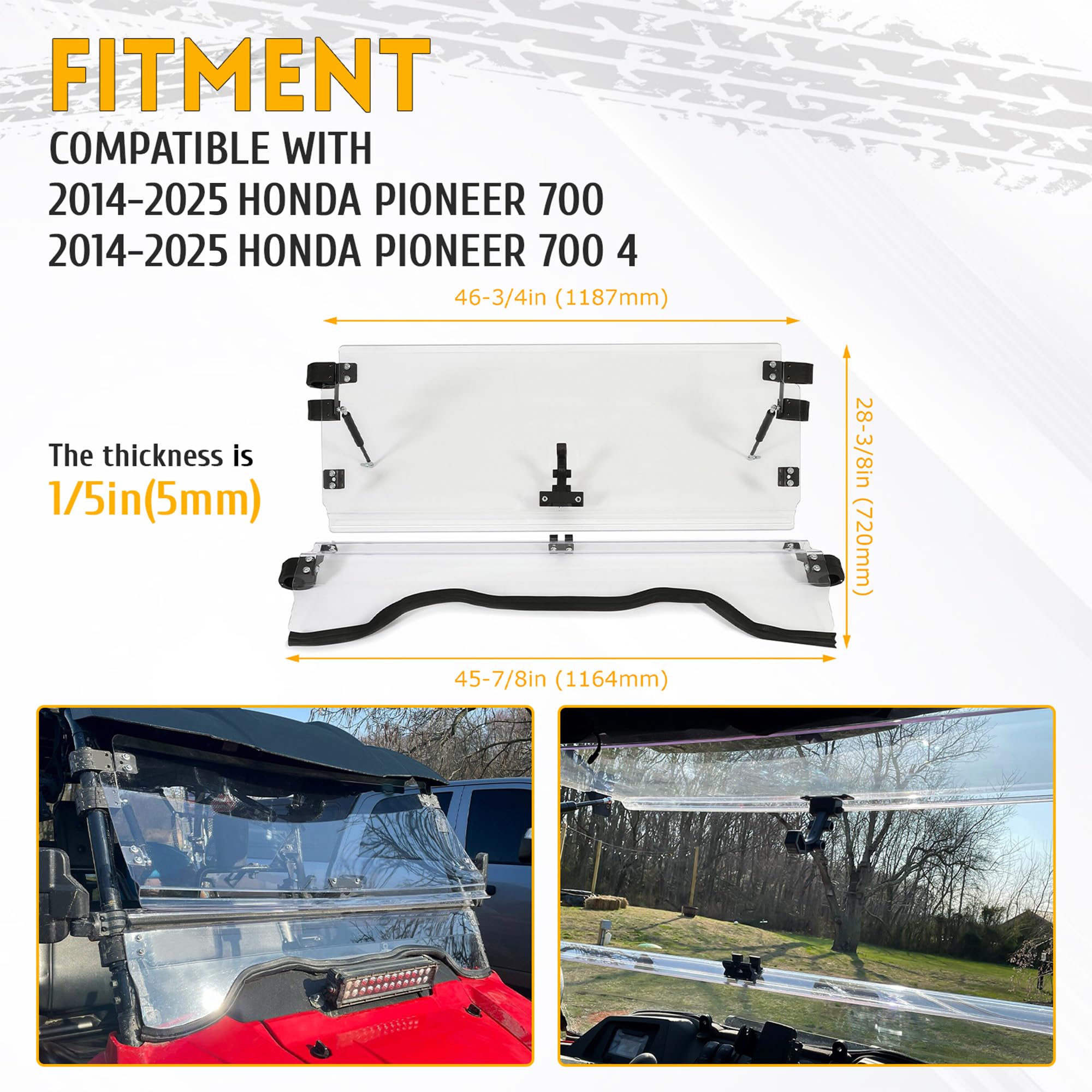 KUAFU Flip Clear Windshield for 2014-2025 Honda Pioneer 700 & 700-4 | Scratch-Resistant Polycarbonate Windshield | Perfect for Off-Roading, Hunting & Trail Riding