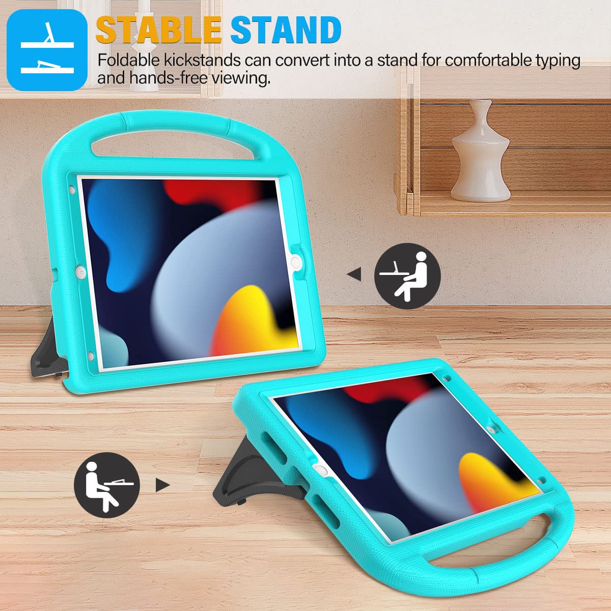 SUPLIK Shockproof Kids Case for iPad 9th/8th/7th Generation (10.2 inch 2021/2020/2019 Models) - Durable Protective Cover with Built-in Screen Protector & Adjustable Handle Stand for Apple iPad 7/8/9 Gen - Perfect for School, Travel & Home Use (Cyan)