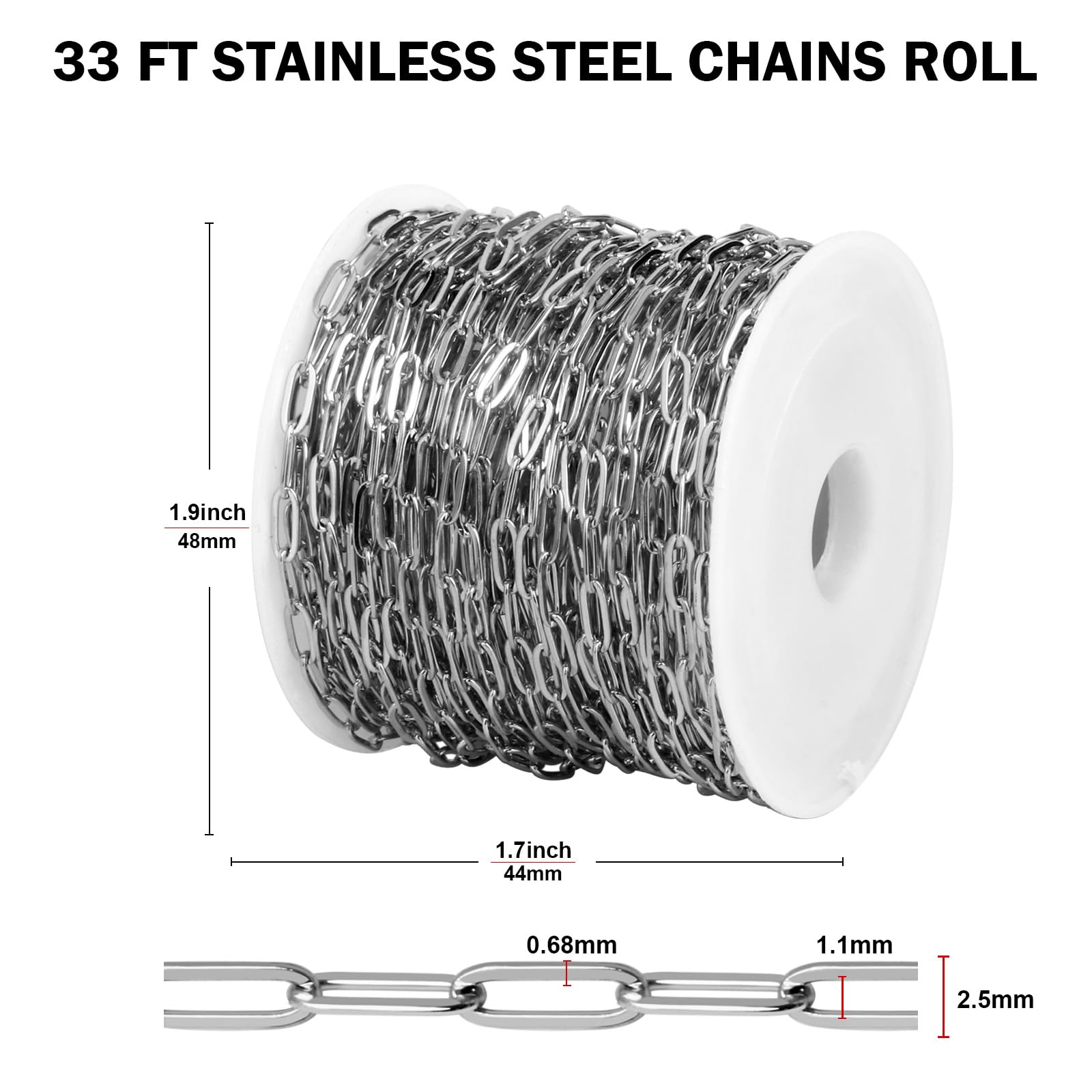 33FT 2.5mm Wide 304 Stainless Steel Paperclip Chains for Jewelry Making - Bulk DIY Craft Supplies for Necklaces, Bracelets & Earrings - Perfect for Handmade Jewelry, Gifts & Fashion Accessories