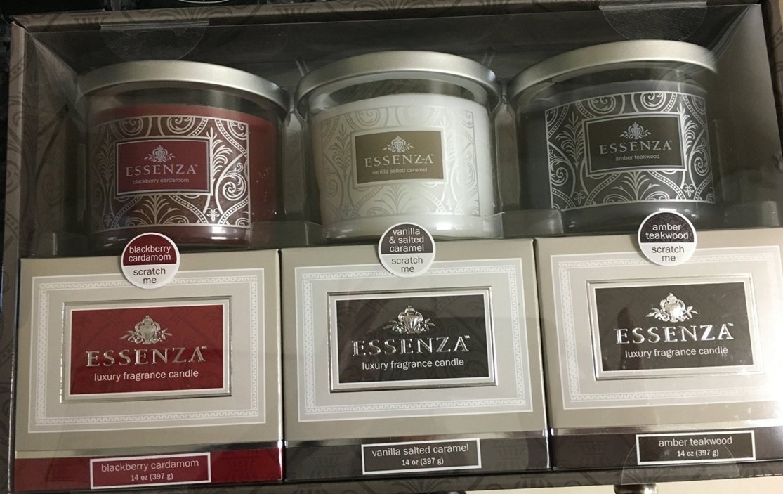 ESSENZA Luxury Scented Candles 3-Piece Gift Set - BlackBerry Cardamom, Vanilla & Amber Teakwood Aromatherapy Candles for Home, Spa & Romantic Ambiance