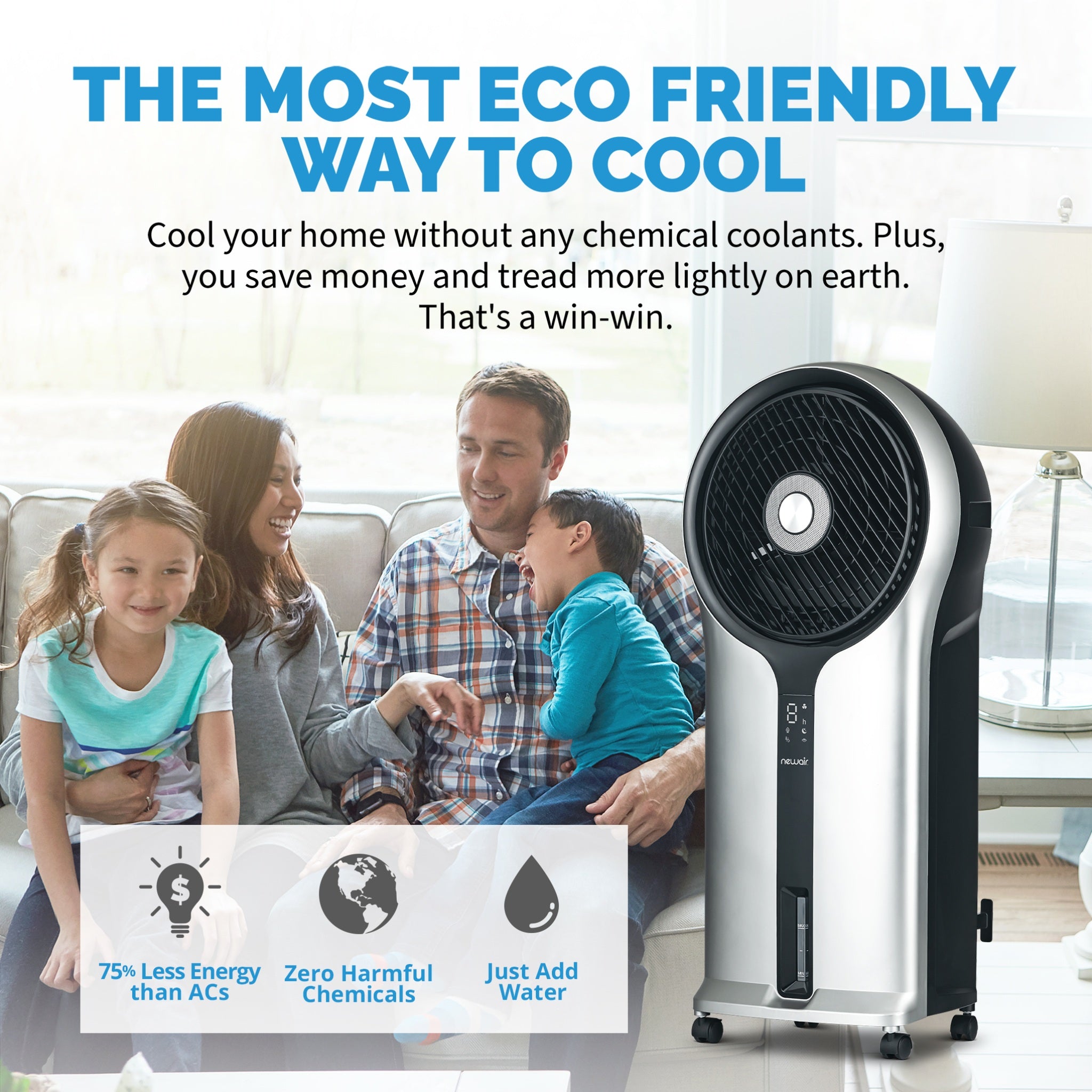 Newair® 470 CFM Evaporative Air Cooler - Portable Cooling Fan with Honeycomb Pad for Home, Office & Outdoor Use - Silver
