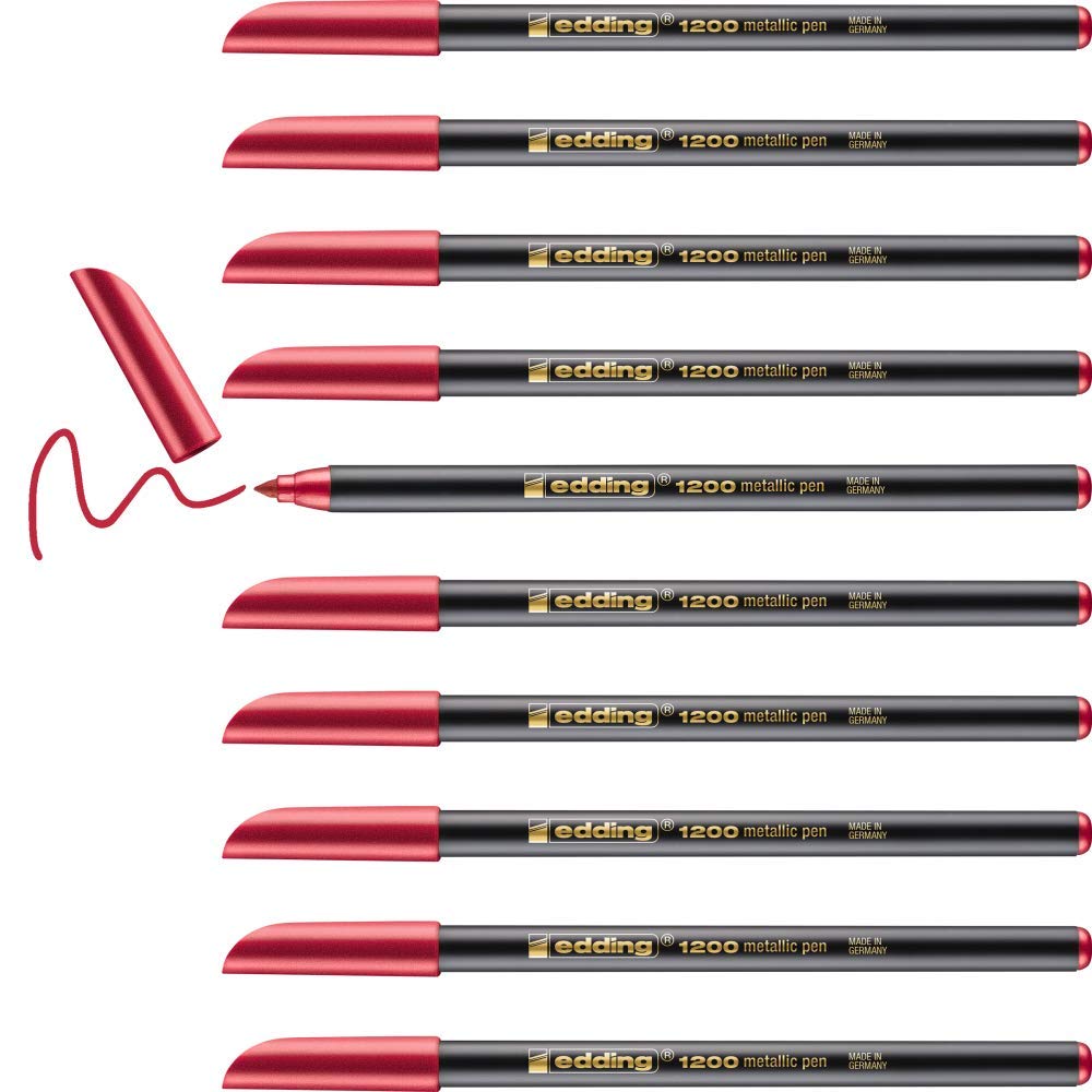 Edding E-1200 Metallic Felt-Tip Pens - 10 Pack with 1-3mm Calligraphy Tips (Rouge Métallisé) - Perfect for Scrapbooking, Hand Lettering, and Art Projects