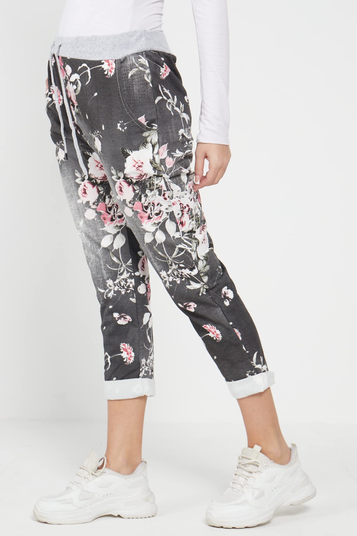 Women's Floral Print Denim Joggers - High Waisted Casual Sweatpants for Summer | Italian Gym Pants for Women | Plus Size 6-20 | Perfect for Yoga, Running & Streetwear Fashion