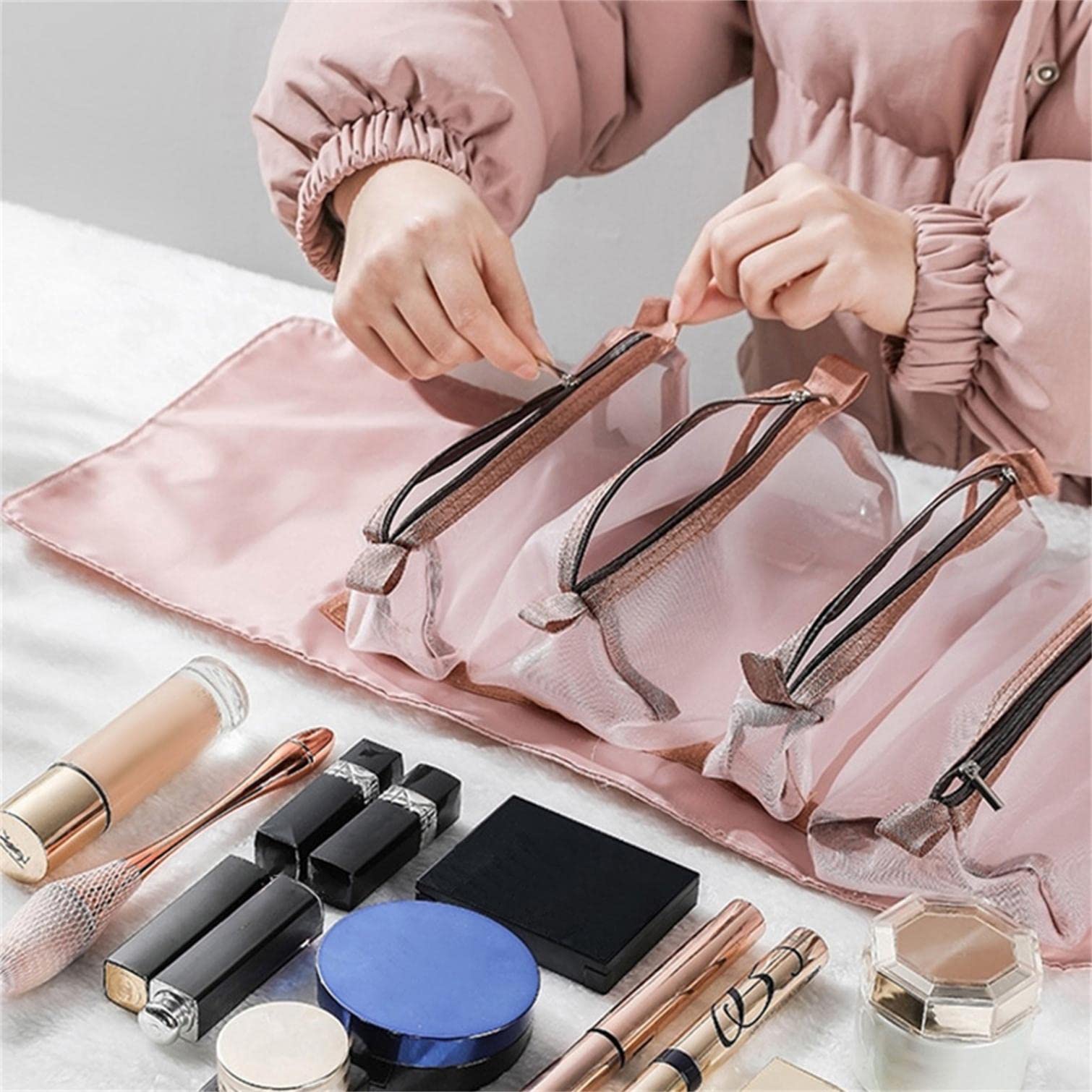 4 in 1 Foldable Makeup Bag with Removable Compartments - Travel Cosmetic Organizer, Mesh Toiletry Bag for Women - Perfect for Vacation, Gym & Daily Essentials Storage