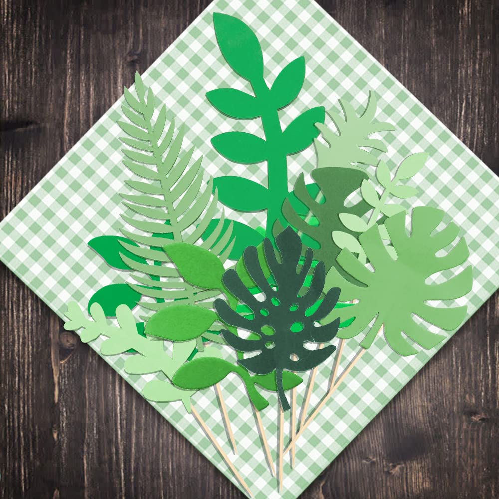 Glittery Tropical Leaves Cake Topper - Gold Palm Leaf Decorations for Safari Birthday Party, Jungle Theme Wedding, Baby Shower & DIY Cake Decorating