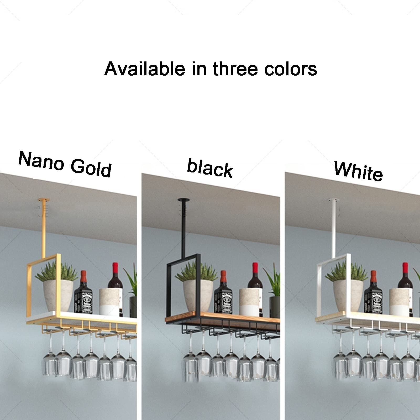Floating Ceiling Wine Rack - Hanging Shelf for Wine Glasses & Bottles Storage | Solid Wood & Wrought Iron Kitchen Organizer | European Retro Style Plant Stand | Perfect for Kitchen, Bar, Restaurant & Home Decor