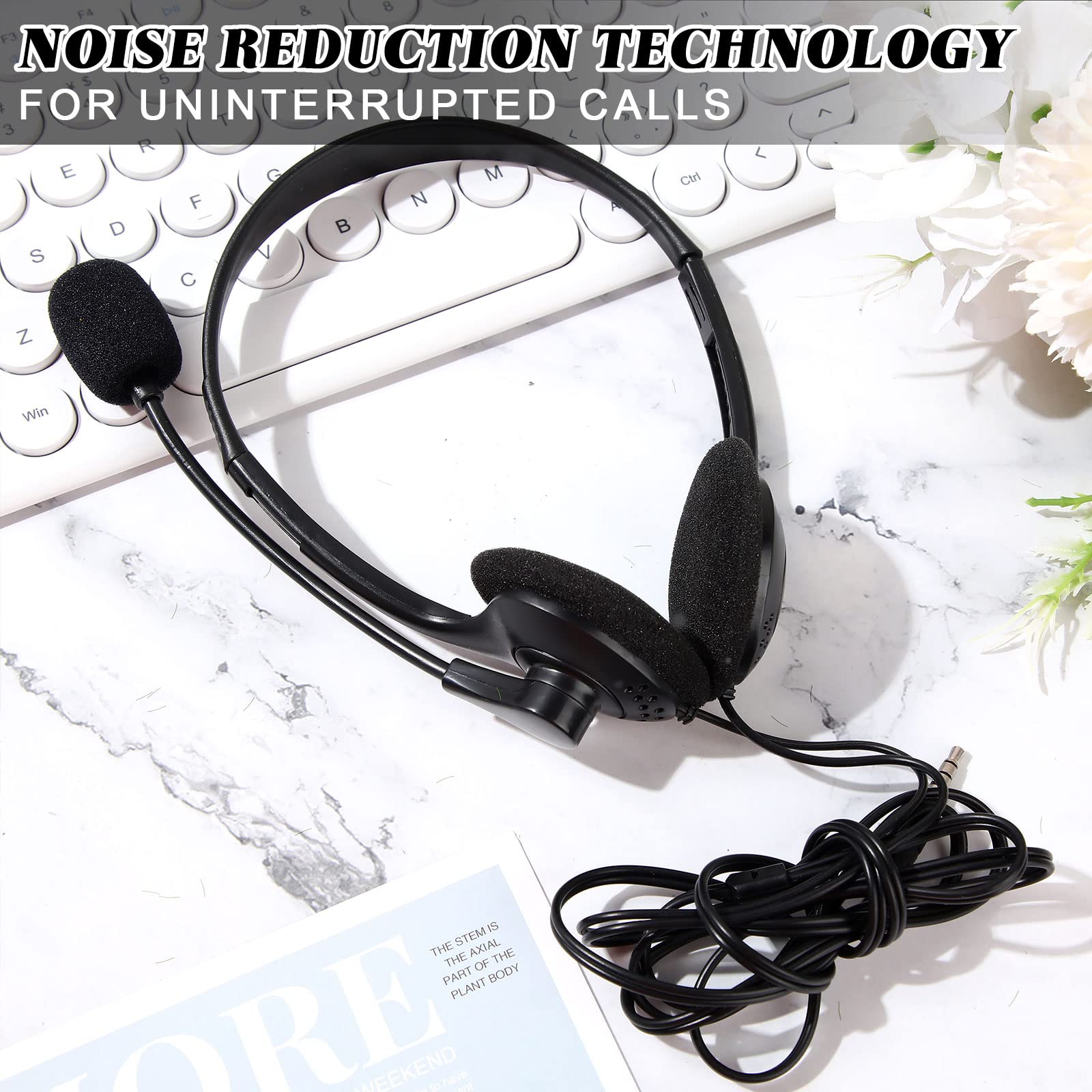 Kathfly Black Stereo Headphones with Microphone - Adjustable Office Conference Headset with 3.5mm Plug for Business Calls, Mobile Phones & Tablets (50 Pack) - Perfect for Call Centers, Remote Work & Online Meetings