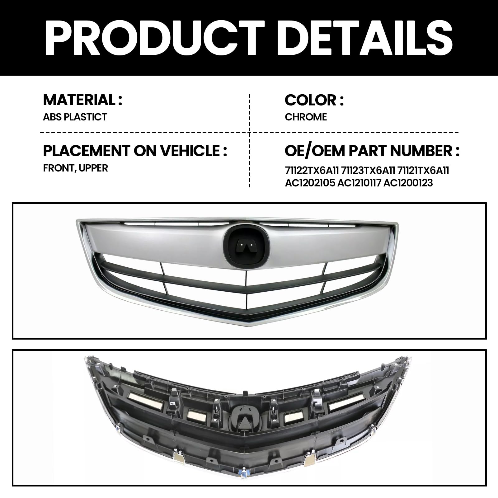 2013-2015 Acura ILX Front Bumper Cover Grille Replacement Kit - Chrome Guard Grid Air Intake | Durable ABS Plastic | Easy Installation | Perfect for Car Restoration & Customization