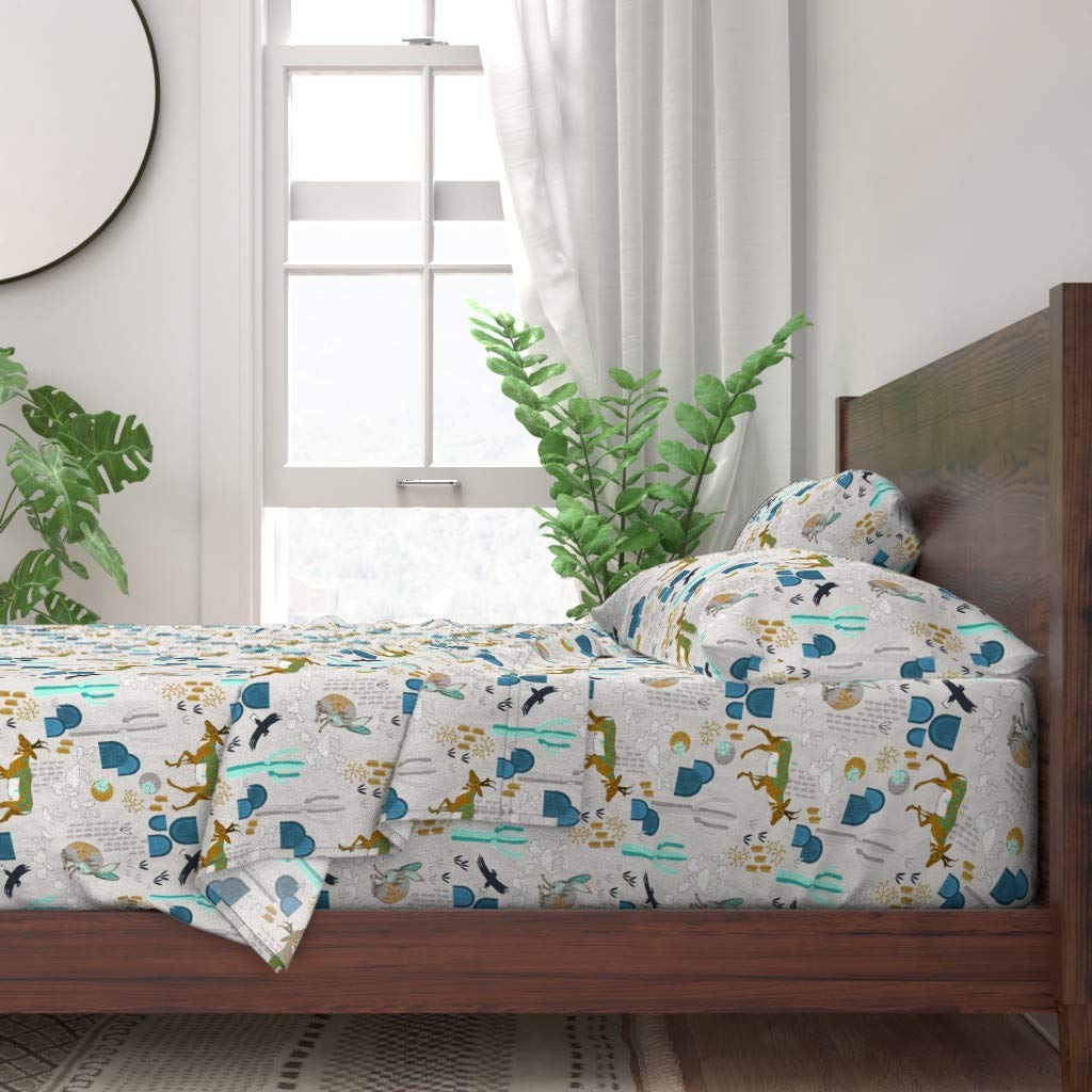Sunrise Southwestern Folk Animals Boho Cotton Sheets - Twin 3pc Set with Desert Cactus & Tribal Deer Print | 100% Cotton Bedding for Nursery, Gender Neutral Rabbit Design | Perfect for Boho Chic Bedrooms & Southwestern Themed Decor