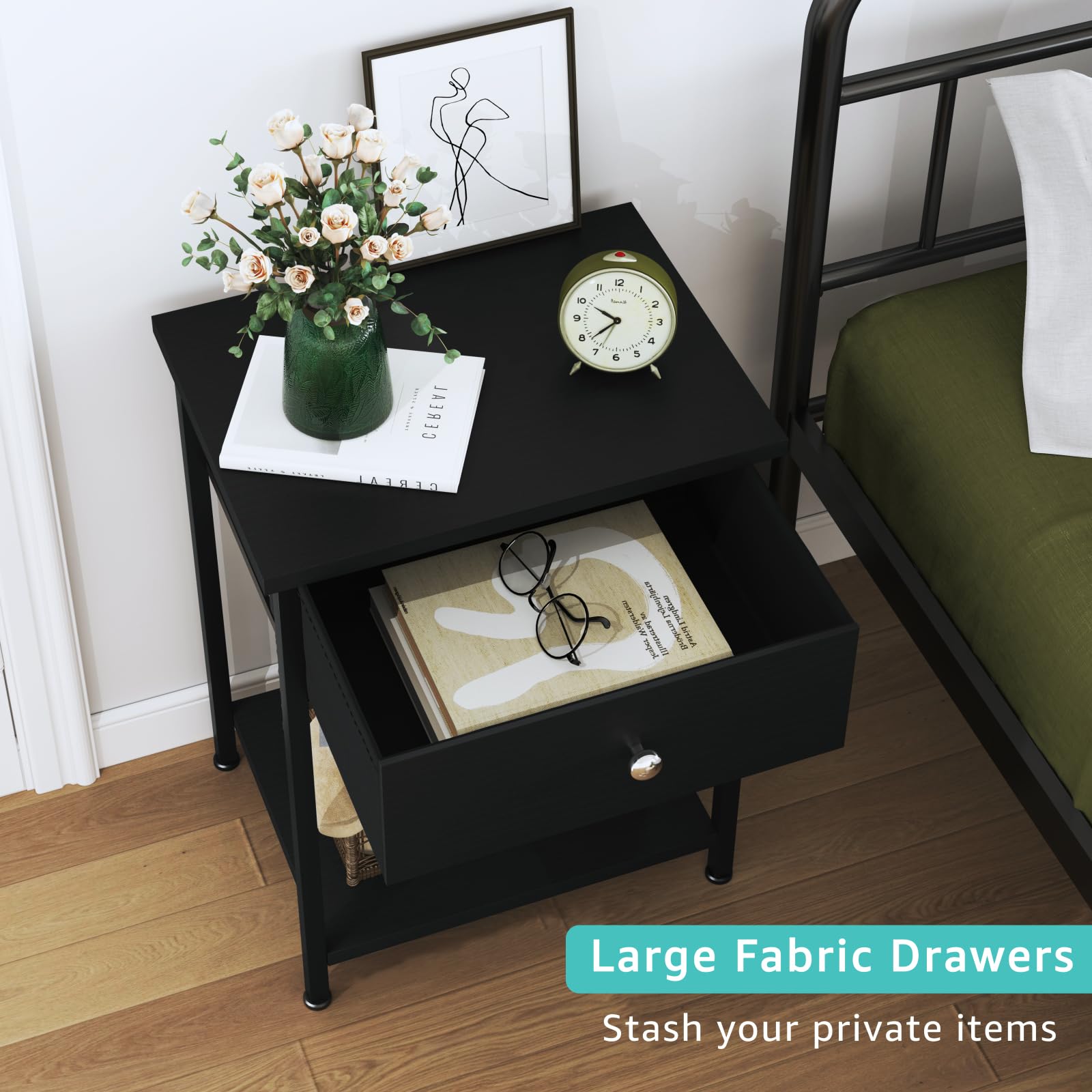 Modern Black Nightstand with Drawers - Small Bedside Table with Storage for Bedroom, Dorm, Apartment | Perfect for Reading Lamps, Alarm Clocks & Bedroom Essentials