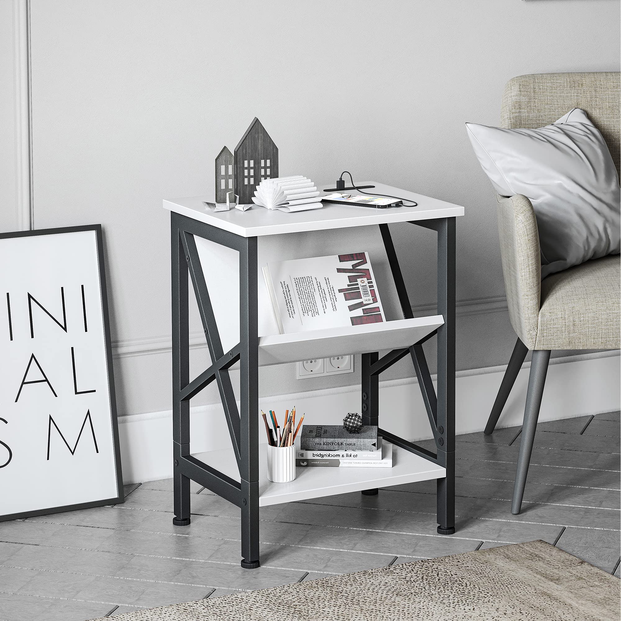CubiCubi White Oxford End Table with Bookshelf & Dual USB Charging Ports - Modern Nightstand for Bedroom, Living Room Side Table with Metal Frame & Wooden Shelves - Perfect for Small Spaces, Reading Nooks & Home Decor
