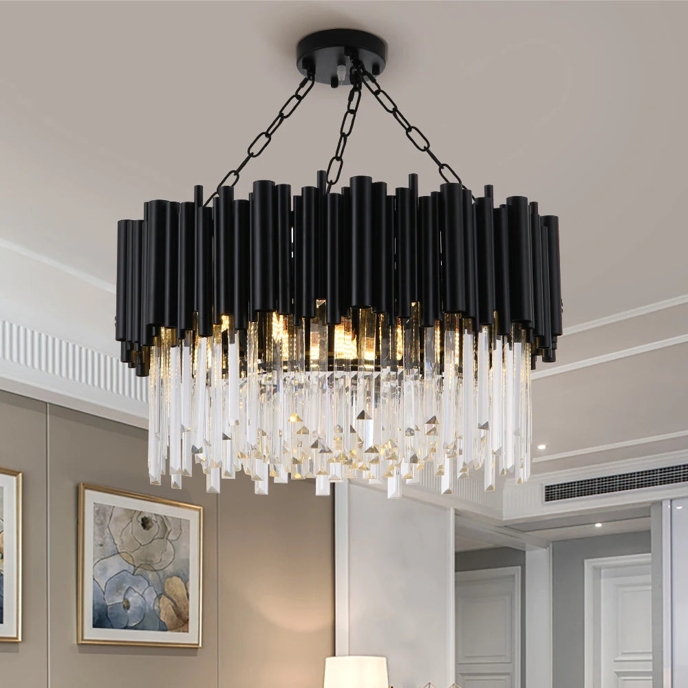 Finn Modern Black Crystal Chandelier - Elegant Ceiling Light Fixture for Living Room, Dining Room & Bedroom | Perfect for Home Decor & Interior Design