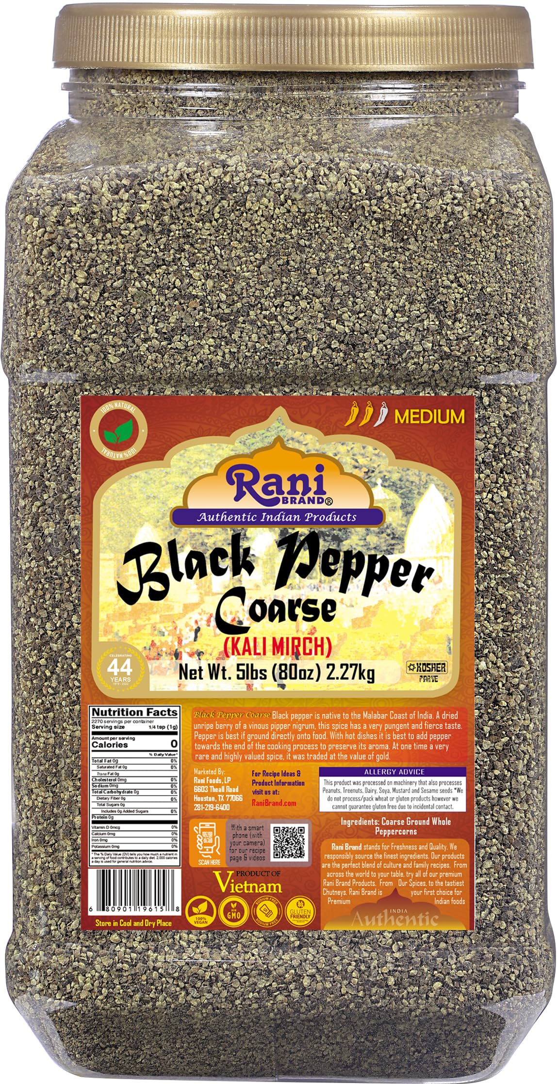 Rani Black Pepper Coarse Ground 28 Mesh (Table Grind) - 80oz (5lbs) 2.27kg Bulk PET Jar | All Natural, Vegan, Gluten Free, Non-GMO, Kosher Certified | Perfect for Cooking, Grilling & Seasoning