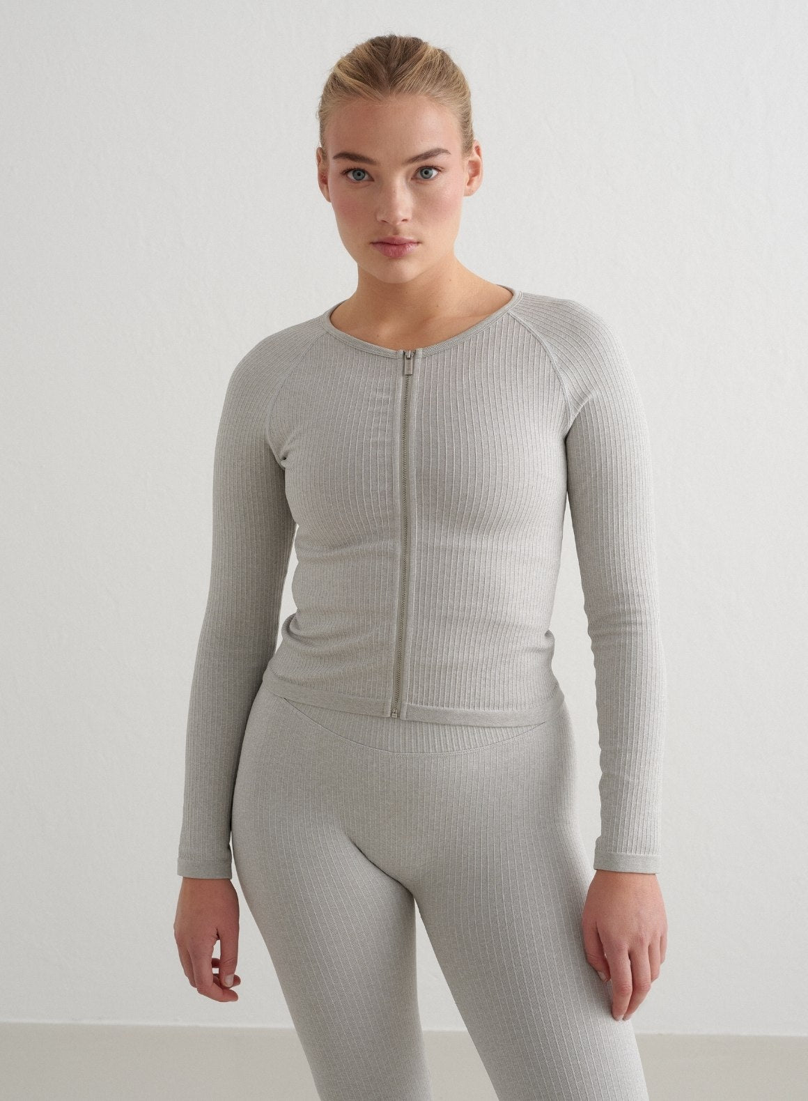 Grey Melange Ribbed Seamless Zip Jacket for Women - Stylish Lightweight Pullover Hoodie for Casual Wear & Outdoor Activities