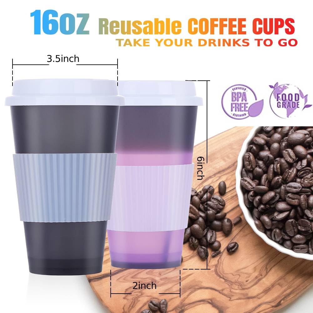 5 Pack 16oz Color Changing Reusable Coffee Cups with Lids - Insulated Travel Tumblers for Hot & Cold Drinks - Perfect for Kids, Adults, Office, Camping & Road Trips (BPA-Free Plastic)