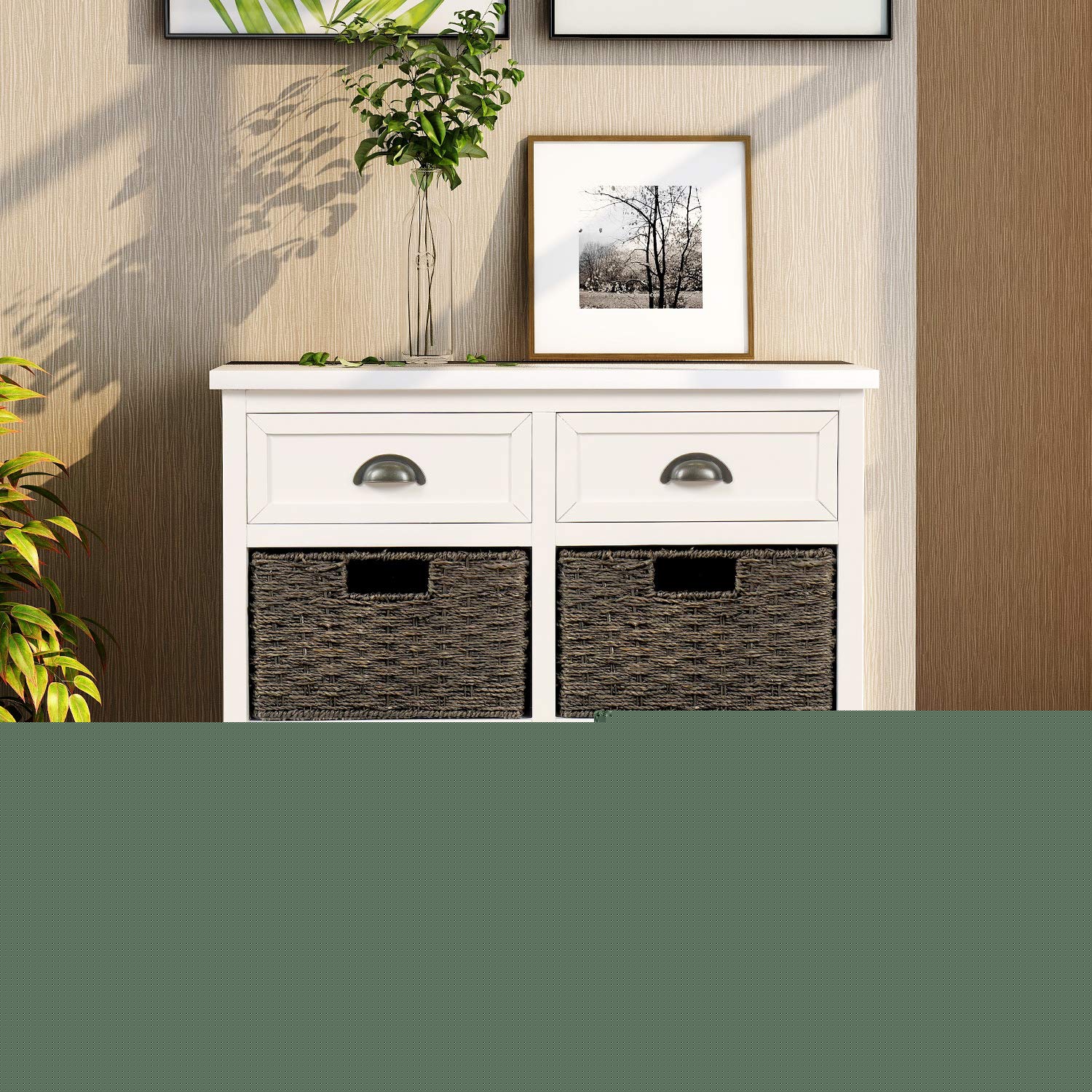 Rustic White Storage Cabinet with 2 Drawers & 4 Rattan Baskets - Kitchen, Dining Room, Entryway, Living Room Organizer - Perfect for Home Decor and Storage Solutions