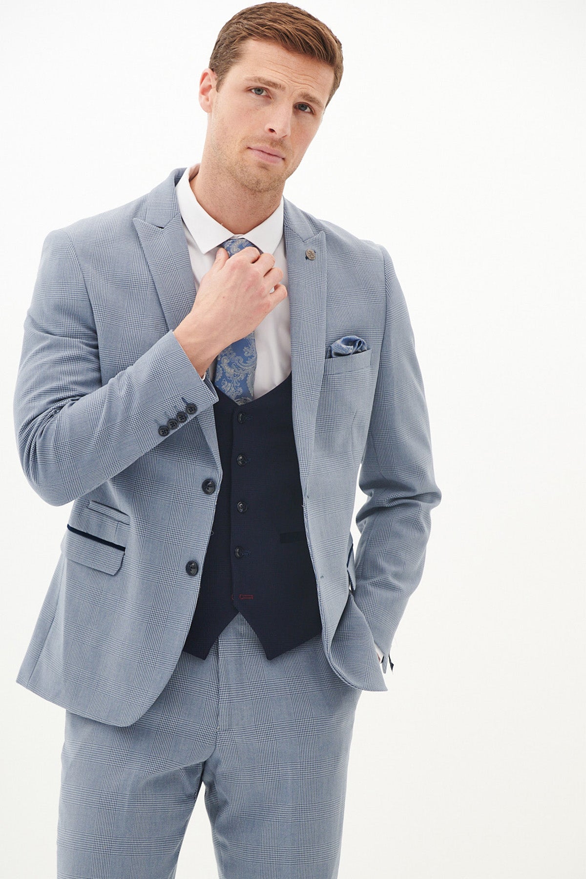 BROMLEY Sky Check Suit with Kelvin Navy Waistcoat - Premium Men's Formal Suit Set for Weddings, Business Meetings & Special Occasions