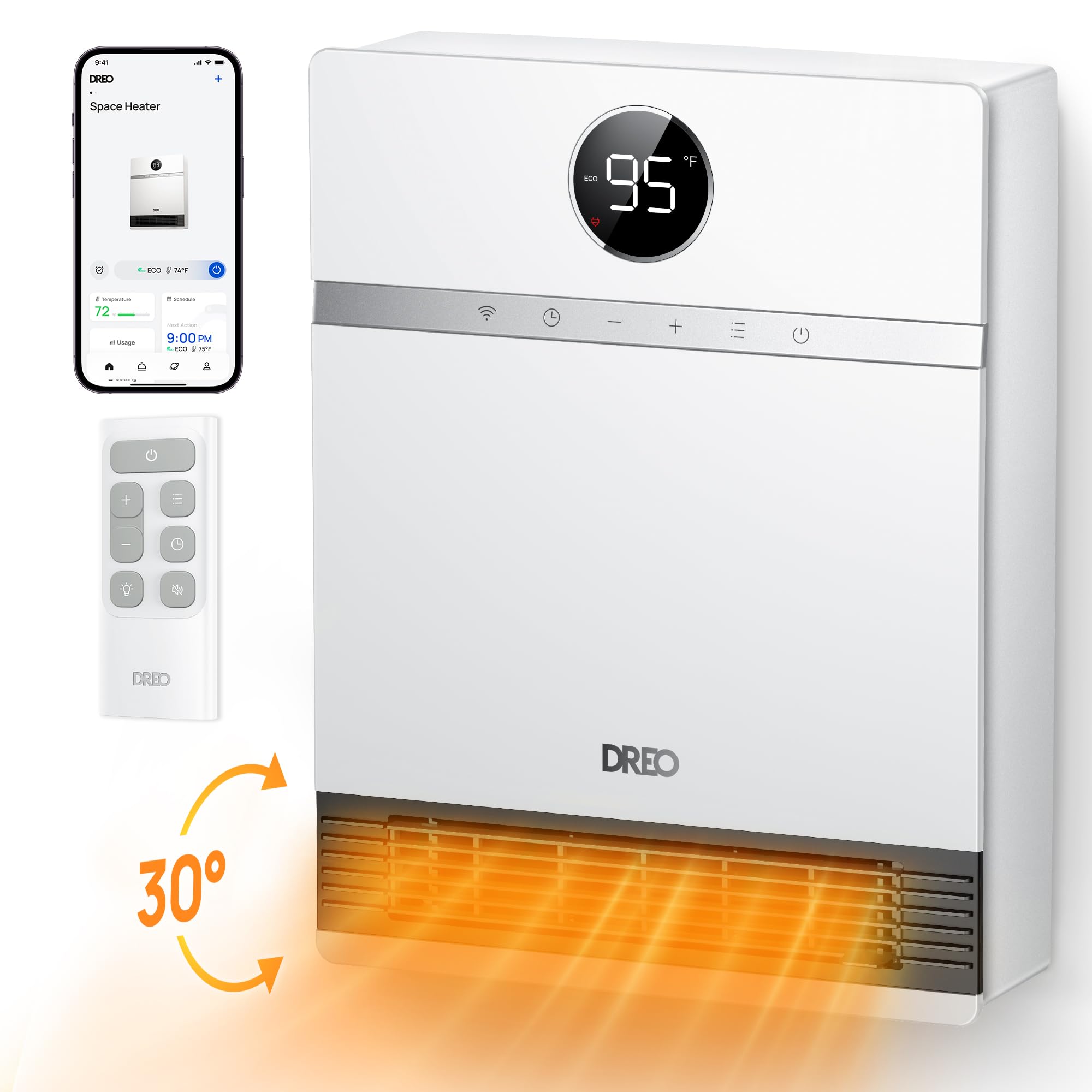 Dreo Smart Wall Heater with Remote Control - 1500W Electric PTC Space Heater for Indoor Use, IP24 Safe, 30° Oscillation, Adjustable Thermostat, Alexa Compatible, 24H Timer - Perfect for Bedroom, Office, and Home Heating - Easy Mount & Energy Efficient