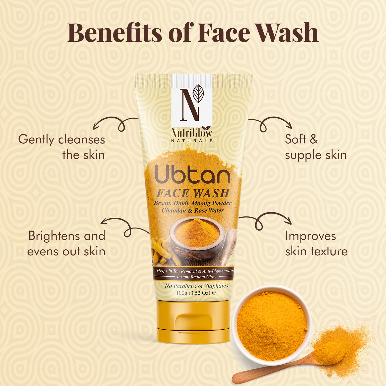 NutriGlow NATURAL'S Ubtan Face Wash & Face Pack Set (100g Each) for Radiant Glow - Natural Skincare for Daily Cleansing & Brightening - Perfect for Morning & Night Routine