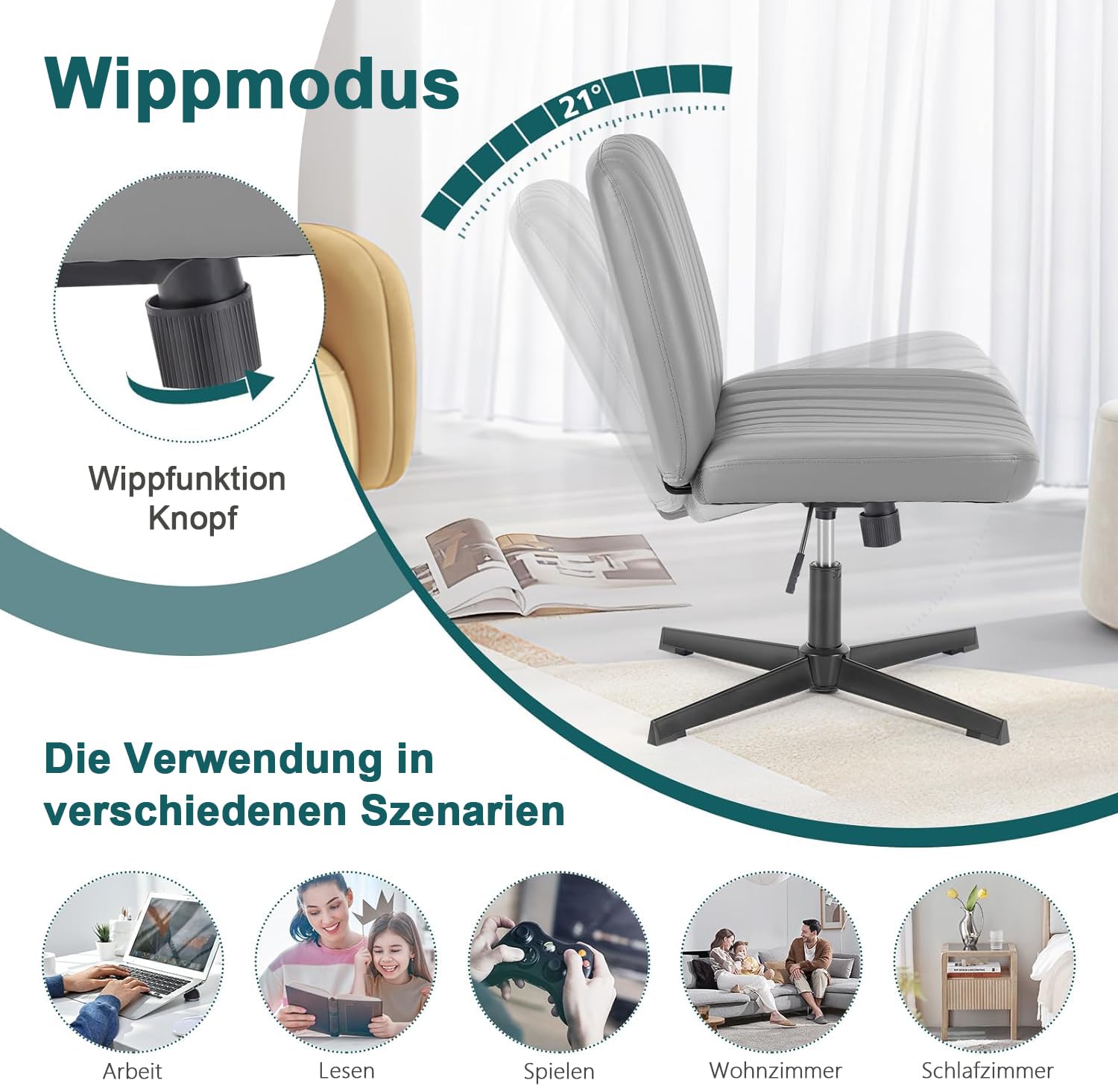 DUMOS Criss Cross Chair - Armless Office Chair with Adjustable Height, No Wheels, Wide Seat for Home & Office - Perfect for Computer Work, Vanity Desk, and Task Seating