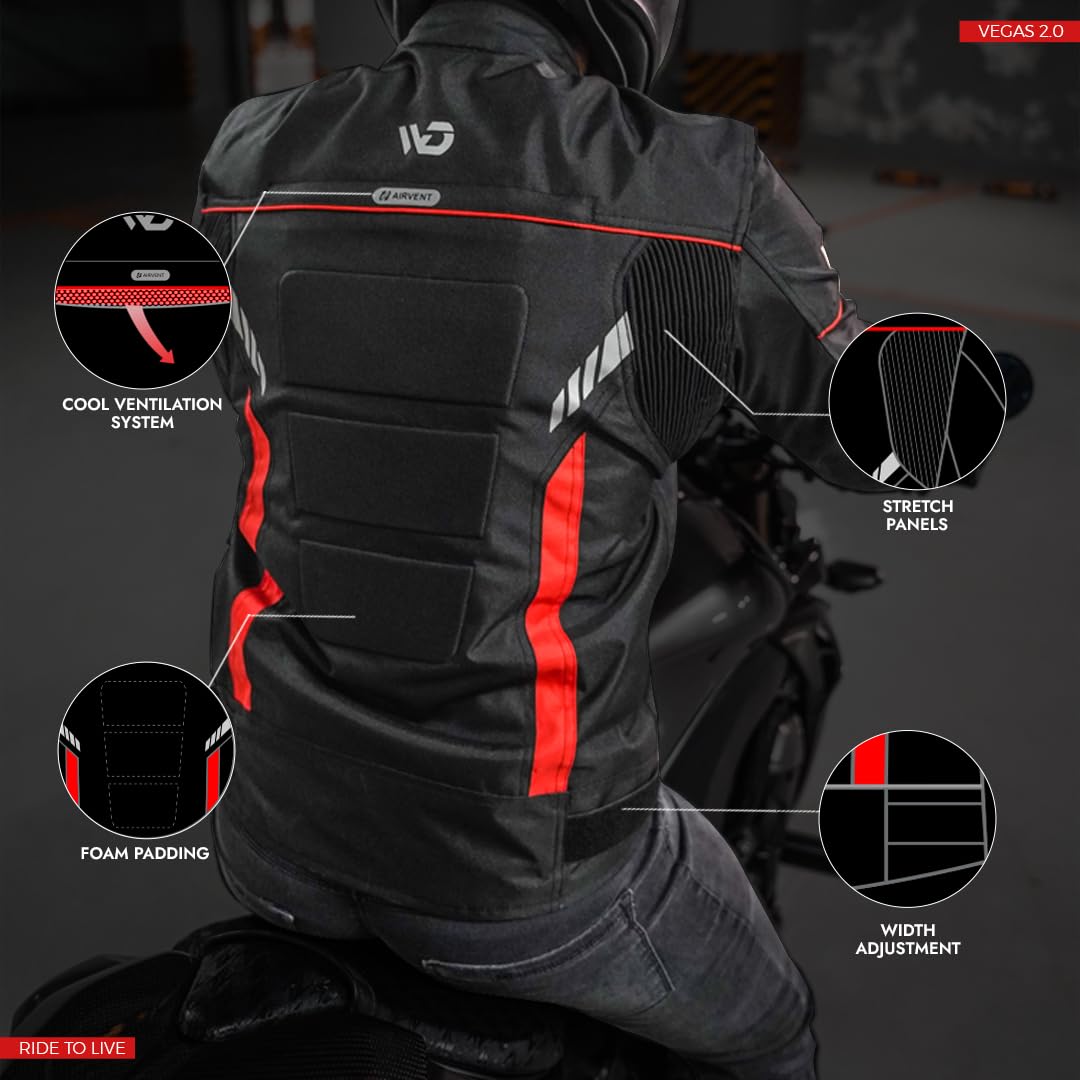 WD Men's CE Armored Motorcycle Jacket - Breathable Cordura Fabric with Padding & Reflective Strips for Night Visibility | Vegas 2.0 Powersports Protective Gear (Red, 3XL) - Ideal for Street Riding, Commuting & Adventure Tours