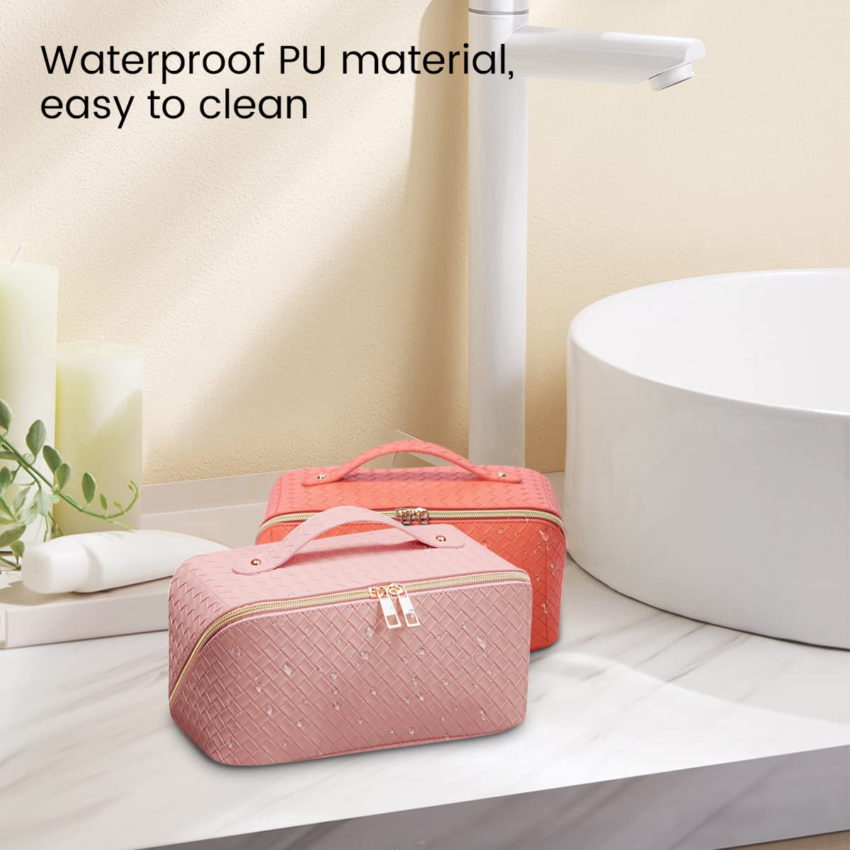 PEARLOVE Large Waterproof Makeup Bag for Travel, Women's PU Leather Cosmetic Organizer - White, Perfect for Skincare & Toiletries Storage