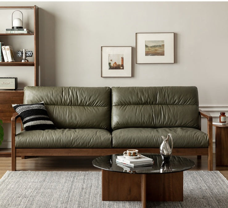 Premium Black Walnut Solid Wood Leather Sofa - Modern Luxury Living Room Furniture for Home & Office (Perfect for Lounging, Entertaining & Relaxing)