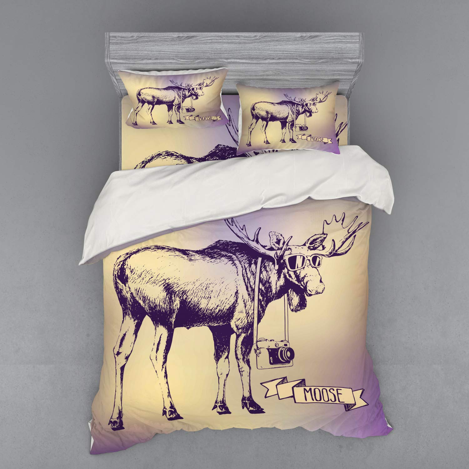 Ambesonne Vintage Moose Bedding Set - 4 Piece Duvet Cover with Shams & Fitted Sheet, Queen Size, Purple Beige Ombre Design, Hipster Deer with Sunglasses & Camera, Funny Animal Art for Modern Bedroom Decor | Perfect for Teens, Adults & Cabin Retreats
