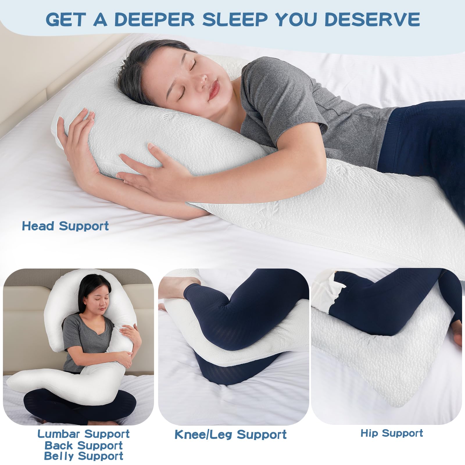 **SAHEYER 68 Inch Memory Foam Body Pillow for Side Sleepers & Pregnancy Support - 3-Shaped Full Body Pillow with Removable Cover for Back, Hips, Legs & Belly - Comfort for Adults (White) - Perfect for Sleeping, Maternity & Pain Relief**