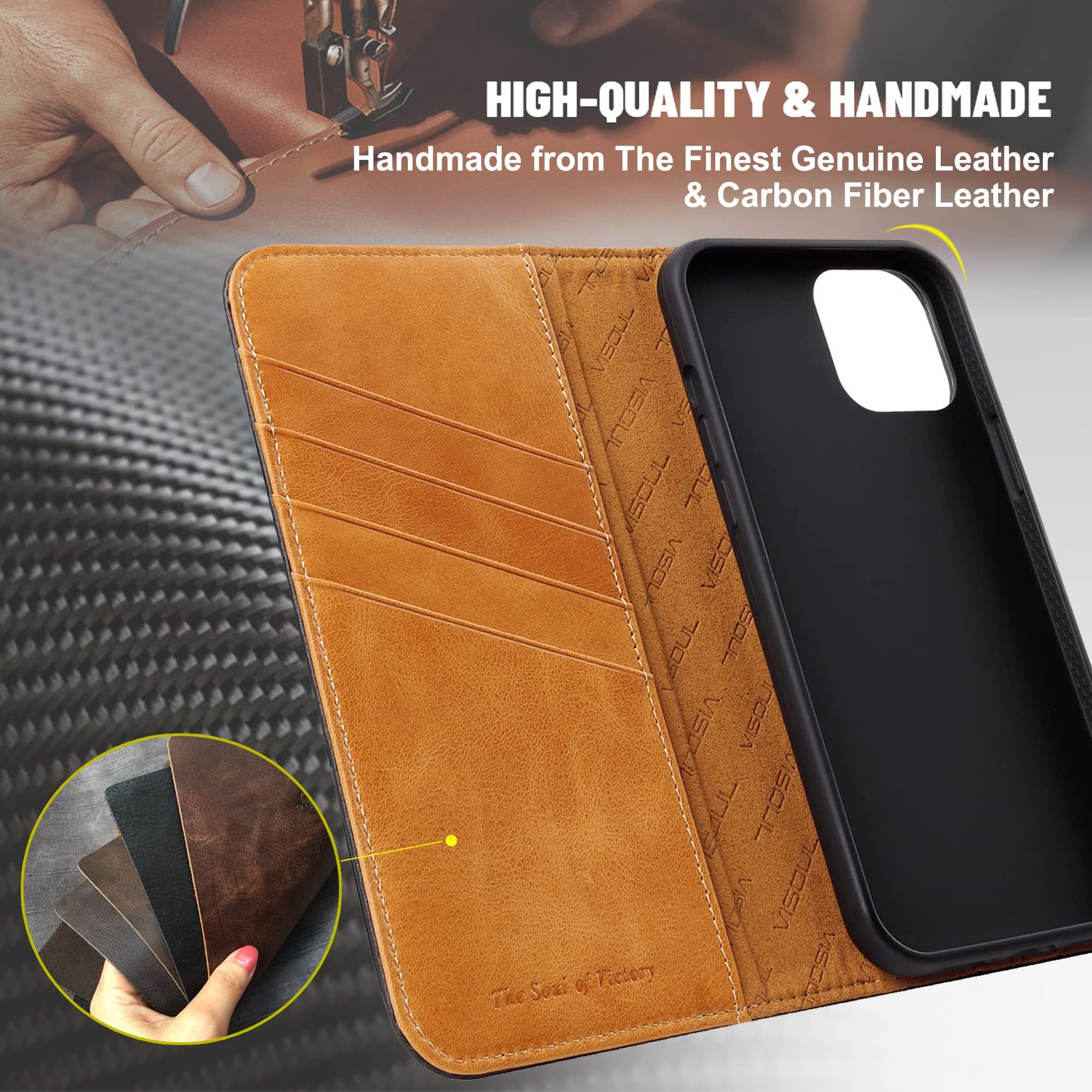 Premium VISOUL Magnetic Wallet Case for iPhone 13 Pro Max (6.7-inch) - Carbon Fiber Leather Folio Cover with Card Holder (Black+Tan) | Perfect for Business, Travel & Everyday Protection