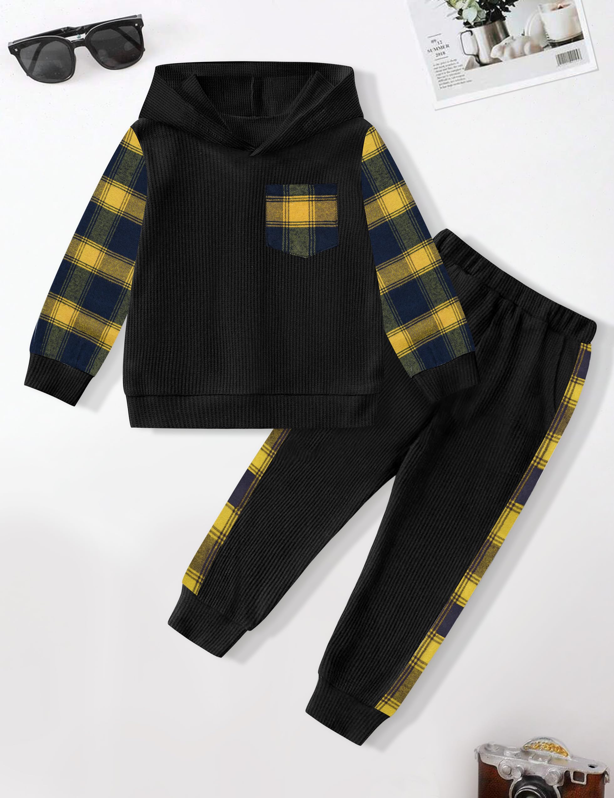 Boys' Waffle Plaid Hoodie & Patchwork Casual Pants 2-Piece Set with Pockets | Warm Toddler Winter Outfits for Playdates & Outdoor Adventures