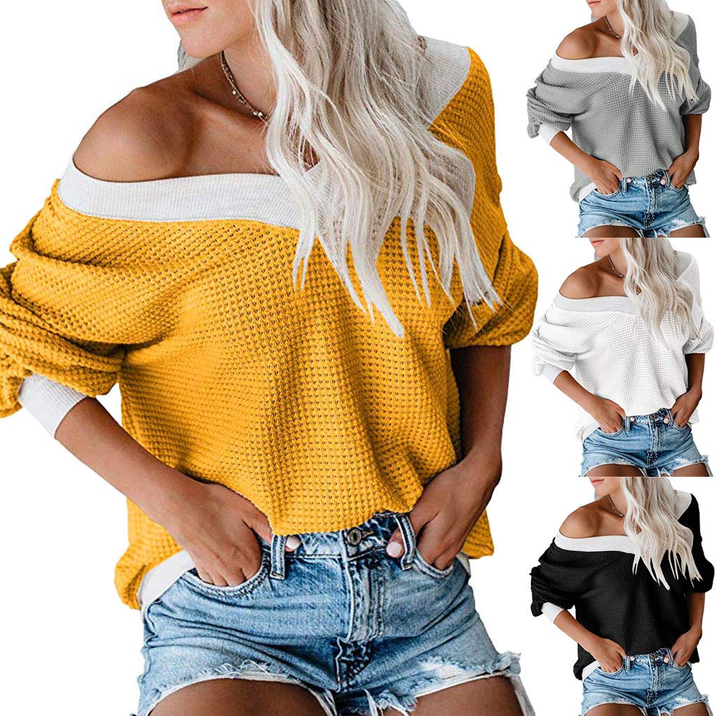 Women's Off Shoulder Pullover Thermal Waffle Knit Top - Long Billowy Sleeves Loose Blouse for Casual Wear, Date Night & Fall Layering
