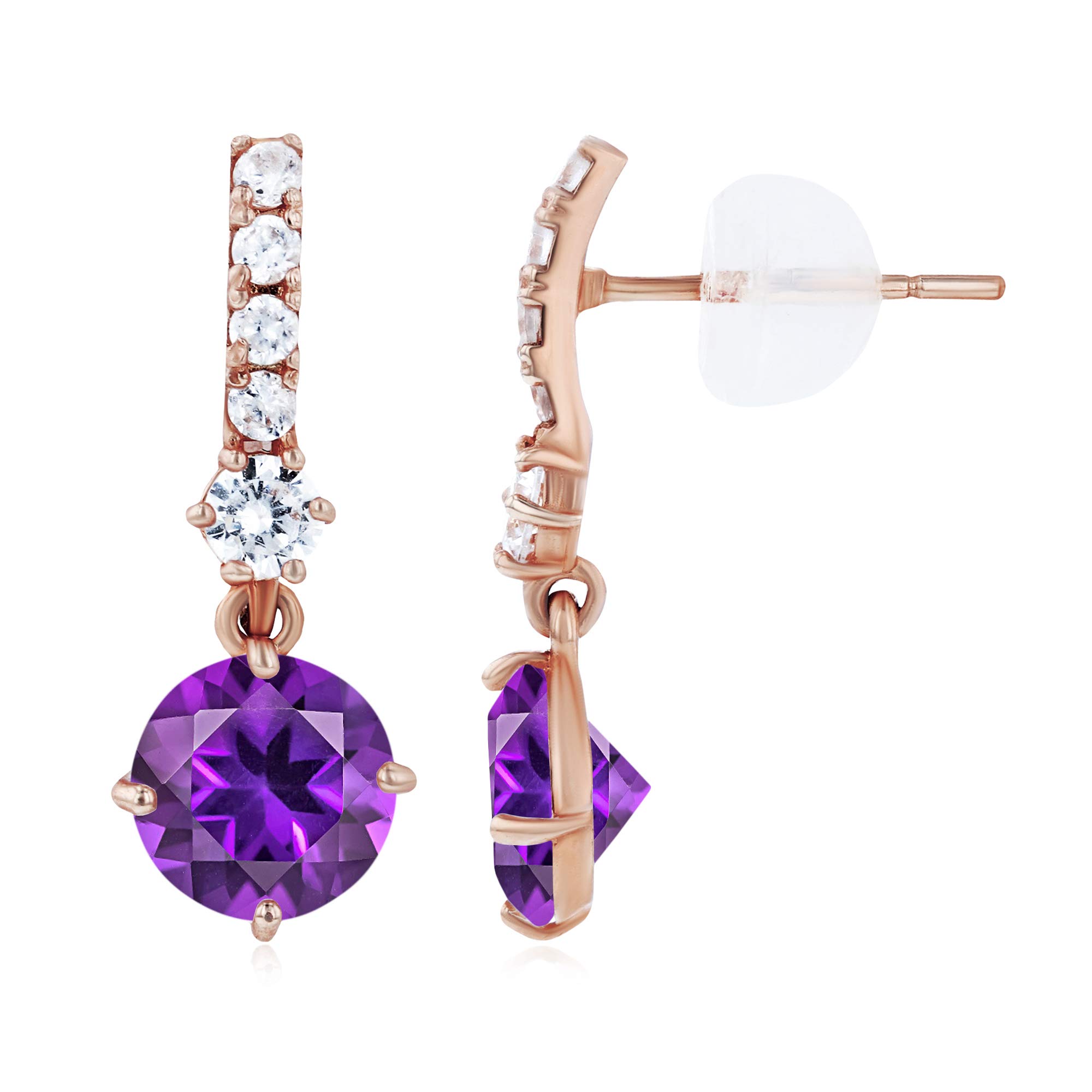 14K Solid Gold 18x7mm Genuine Birthstone Dangle Earrings for Women | 6mm Round Birthstone & 1mm White Sapphire Accents | Elegant Bridal Jewelry, Birthday Gift, Anniversary Present, Party Wear, Everyday Luxury Accessories