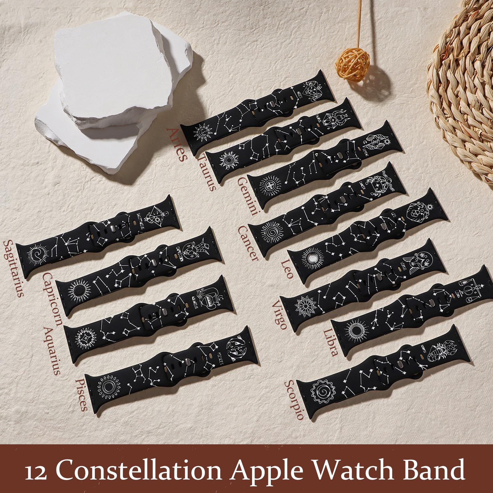 Engraved Silicone Apple Watch Bands for Women & Men - Compatible with 38mm 40mm 41mm 42mm 44mm 45mm 46mm 49mm iWatch Series 10/9/8/7/6/5/4/3/2/1/SE/Ultra 2 - Constellation Design Sport Strap for Gym, Running & Daily Wear