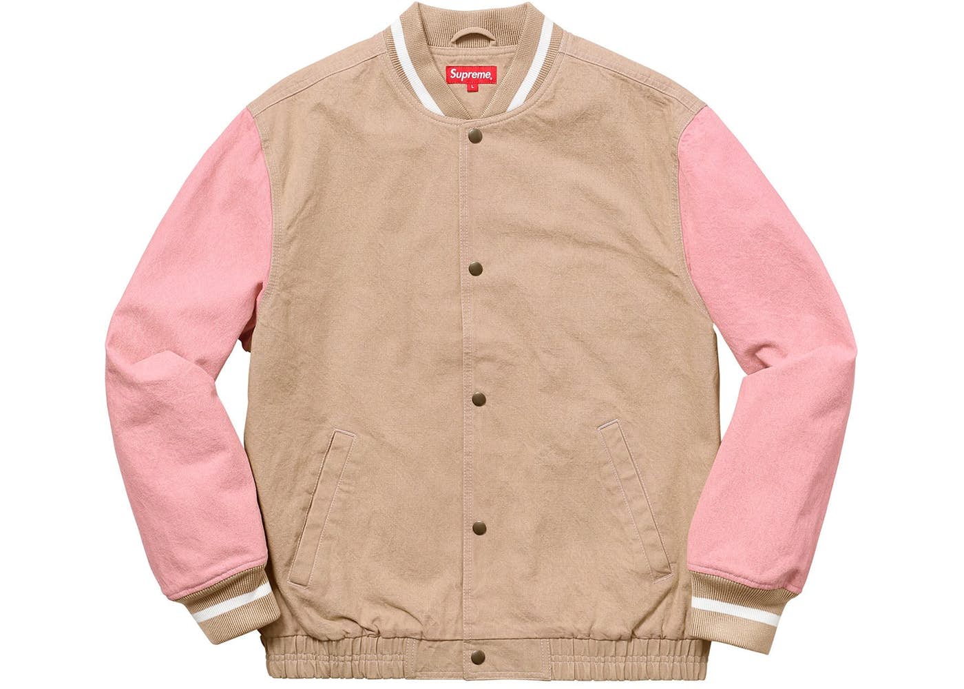 Supreme Denim Varsity Jacket in Tan - Stylish Vintage-Inspired Baseball Jacket for Men & Women | Perfect for Streetwear, Casual Outfits & Retro Fashion Looks