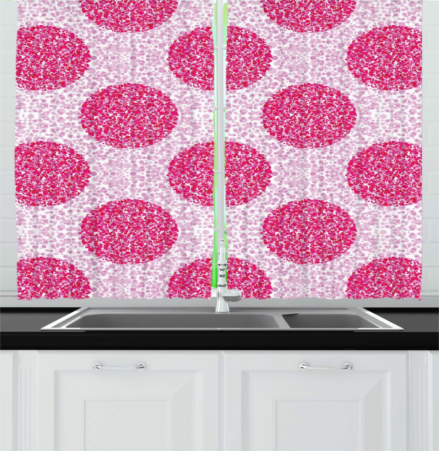 Ambesonne Abstract Long Kitchen Curtains - Large & Small Polka Dot Bubble Design, 2 Panel Rod Pocket Drapes, 55x45 Inches, Dark Pink Fuchsia Mauve White - Perfect for Modern Kitchens, Dining Rooms & Boho Home Decor