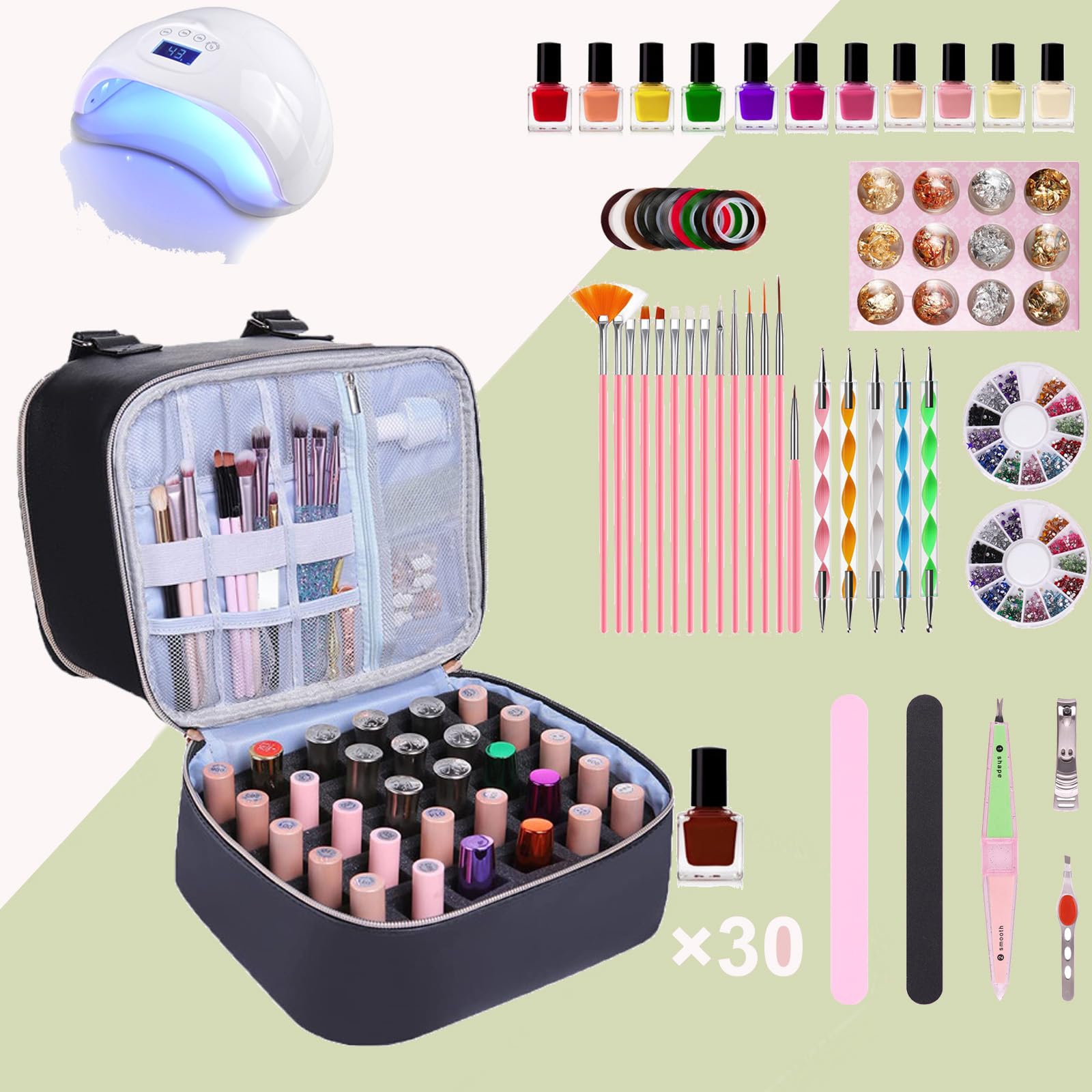 Premium Nail Polish Organizer Case - Holds 30+ Bottles (15ml/0.5 fl.oz) & Nail Lamp, Double-Layer Portable Nail Art Storage Bag for Professional Nail Technicians & DIY Enthusiasts - Perfect for Salon, Travel & Home Use (Black)