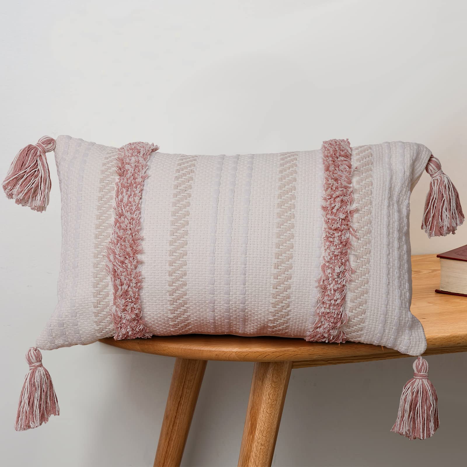 Boho Throw Pillow Covers 12x20 Inch - Tufted Decorative Pillow Cases for Couch, Bed & Sofa - Modern Farmhouse Accent Pillows in Neutral Pink - Perfect for Living Room, Bedroom & Home Decor